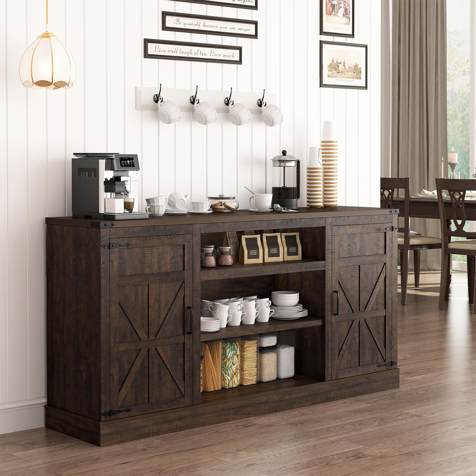 66'' Large Bar Cabinet, Farmhouse Coffee Bar Cabinet with Power Outlet with Adjustable Shelf, Kitchen Buffet Sideboard