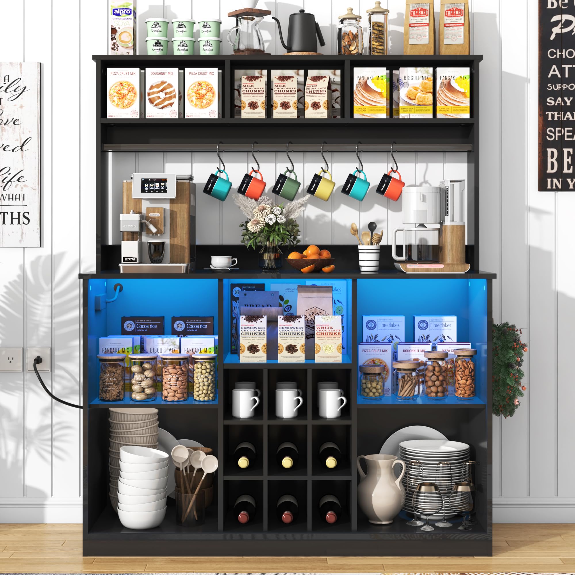 Blotout LED Kitchen Pantry Storage Cabinet with Power Outlet, 58" Tall Bar Cabinet with Lights, Adjustable Shelf, 9 Wine Racks, 6 Hooks , Morden Glass Door Cabinet with Storage, Black