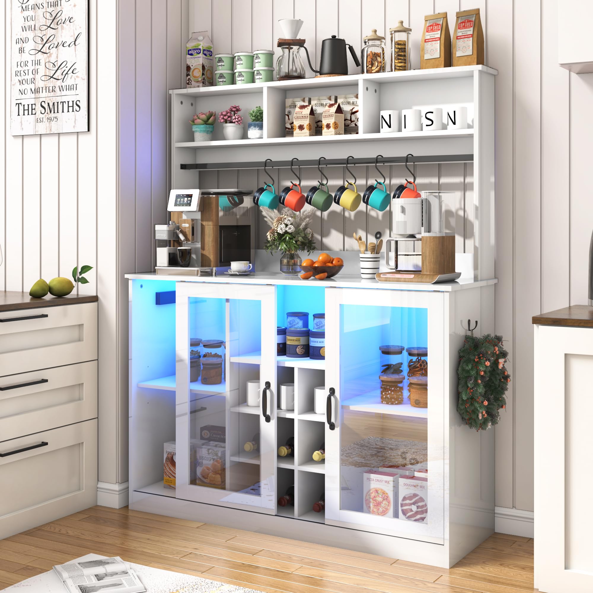 Blotout LED Kitchen Pantry Storage Cabinet with Power Outlet, 58" Tall Bar Cabinet with Lights, Adjustable Shelf, 9 Wine Racks, 6 Hooks , Morden Glass Door Cabinet with Storage, Black