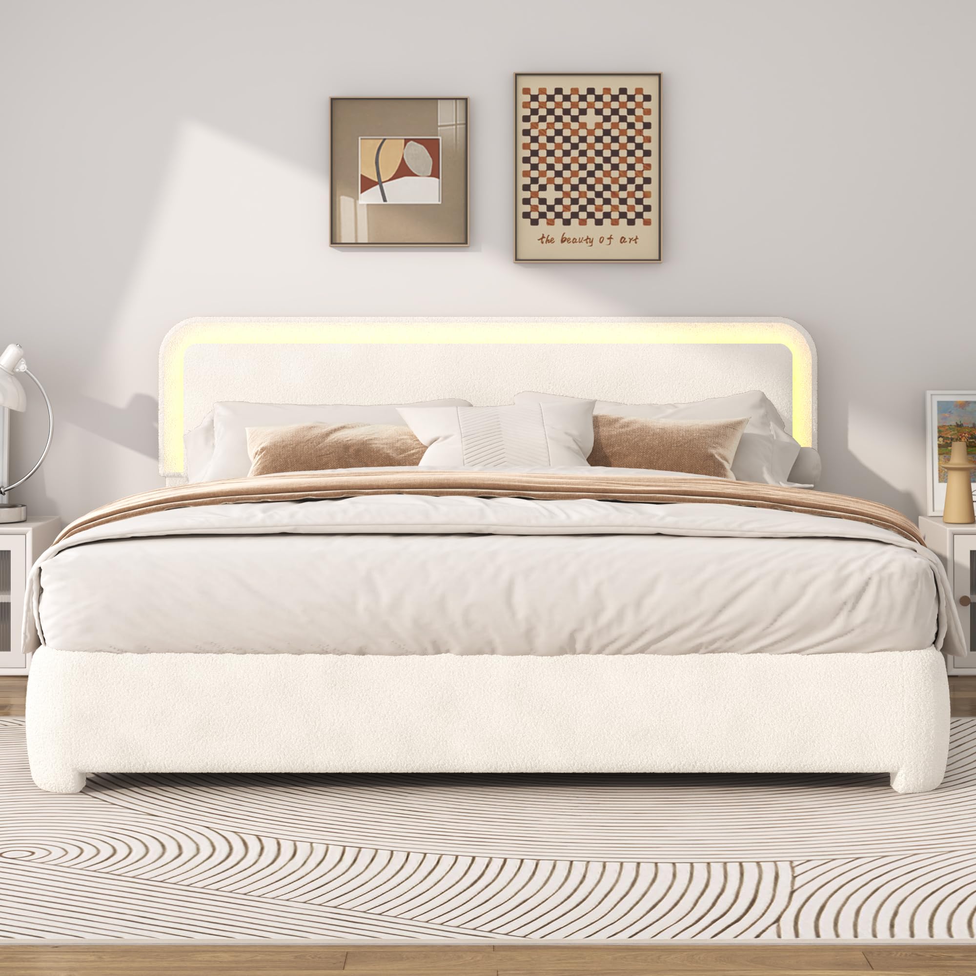 Boucle Bed Frame with LED Light & Adjustable Headboard, Upholstered Platform Bed with Soft Curved Corners