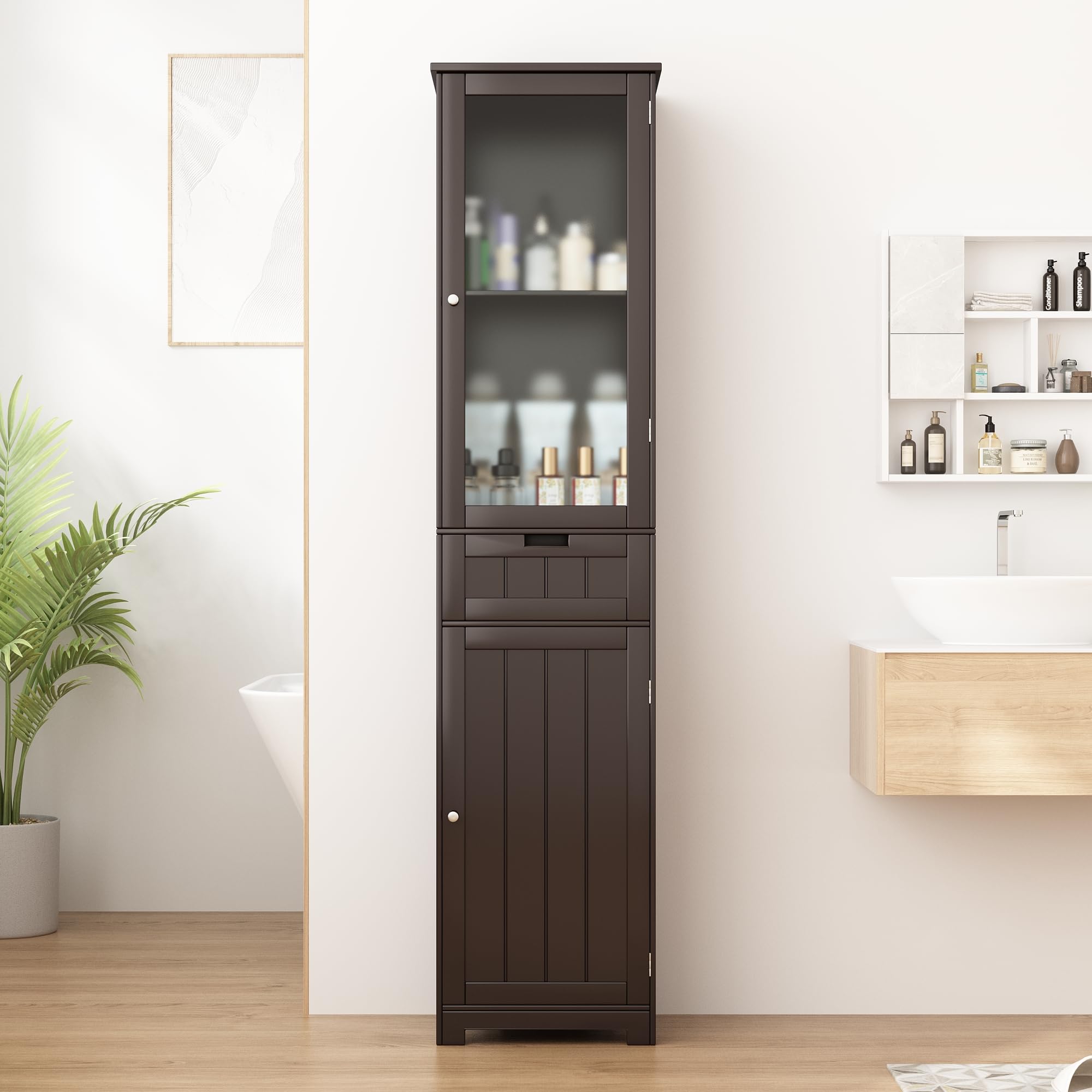 Blotout 64" White Tall Bathroom Cabinet, 6 Shelf Morden Bathroom Storage Cabinet with 4 Doors/Adjustable Shelf,Floor Freestanding Cabinet for Bathroom,Kitchen,Living Room