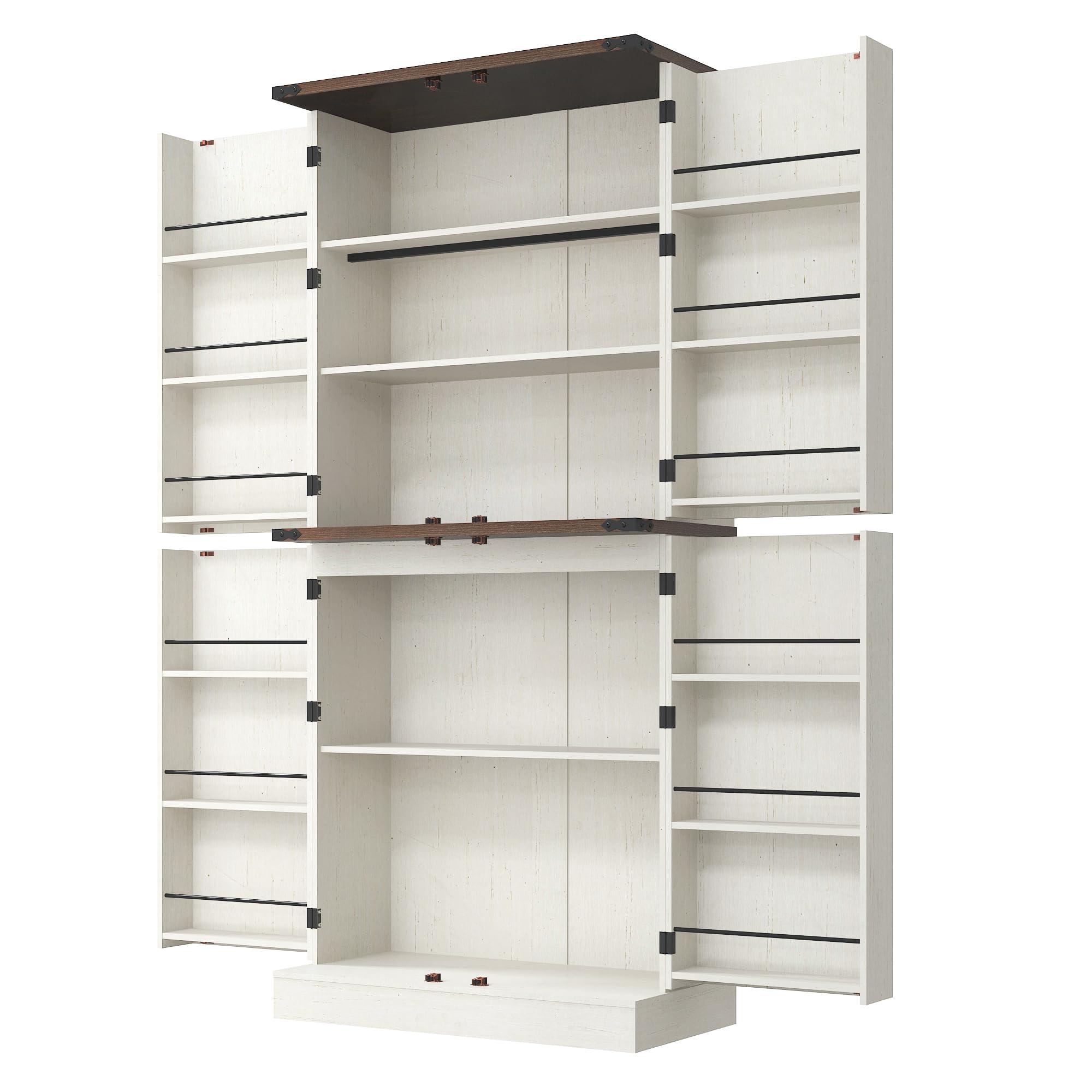 71" Tall Farmhouse Kitchen Pantry with 12 Side Shelves, 5 Layers Pantry Storage Cabinet w/Load-Bearing Steel Pipe & 4 Barn Doors/Adjustable Shelves for Kitchen, Dining Room, Living Room, Brown