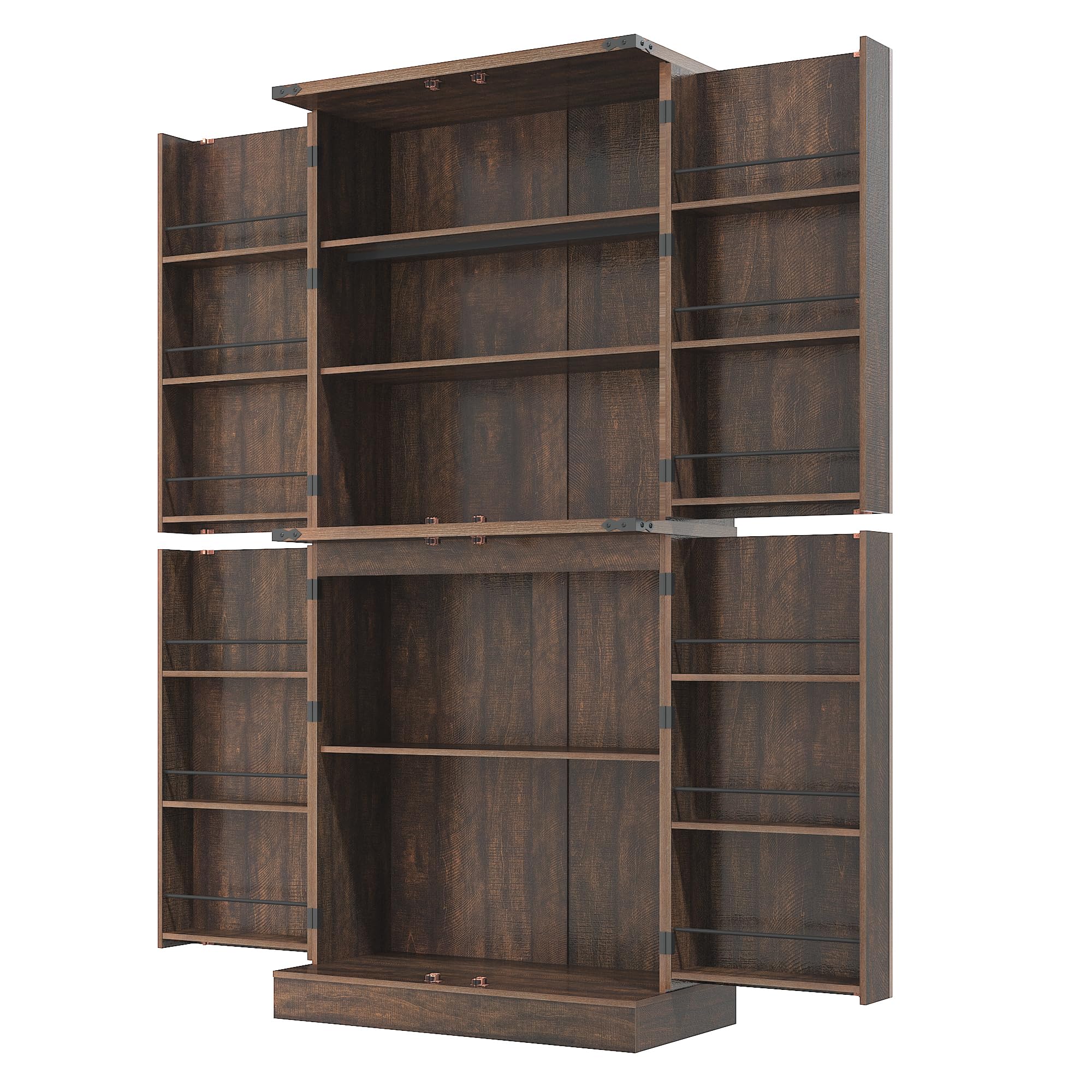 71" Tall Farmhouse Kitchen Pantry with 12 Side Shelves, 5 Layers Pantry Storage Cabinet w/Load-Bearing Steel Pipe & 4 Barn Doors/Adjustable Shelves for Kitchen, Dining Room, Living Room, Brown