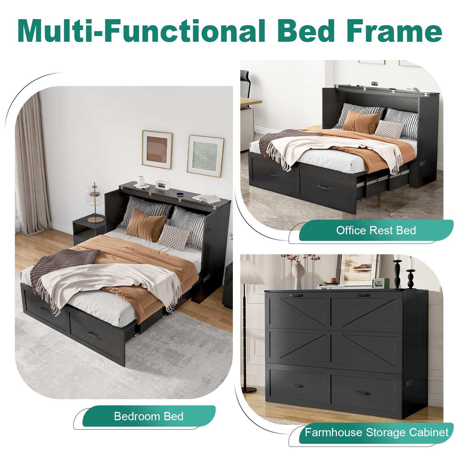 ANPOO Full Size Murphy Chest Bed with 2 Drawers & Power Outlets, Farmhouse Wood 2 in 1 Convertible Chest Bed Cabinet with Storage, Multifunctional Storage Cabinet Bed for Bedroom,Office,White