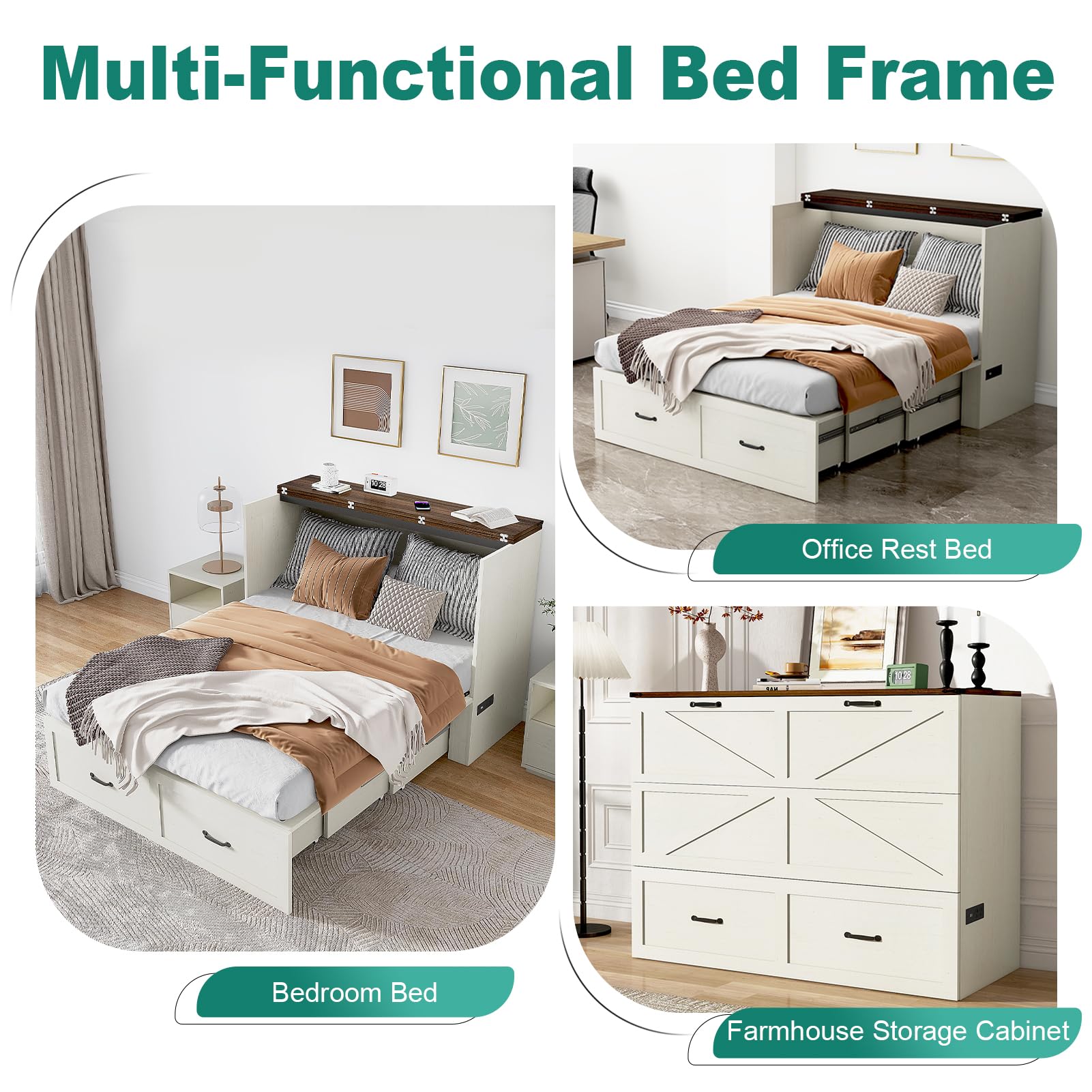 ANPOO Full Size Murphy Chest Bed with 2 Drawers & Power Outlets, Farmhouse Wood 2 in 1 Convertible Chest Bed Cabinet with Storage, Multifunctional Storage Cabinet Bed for Bedroom,Office,White