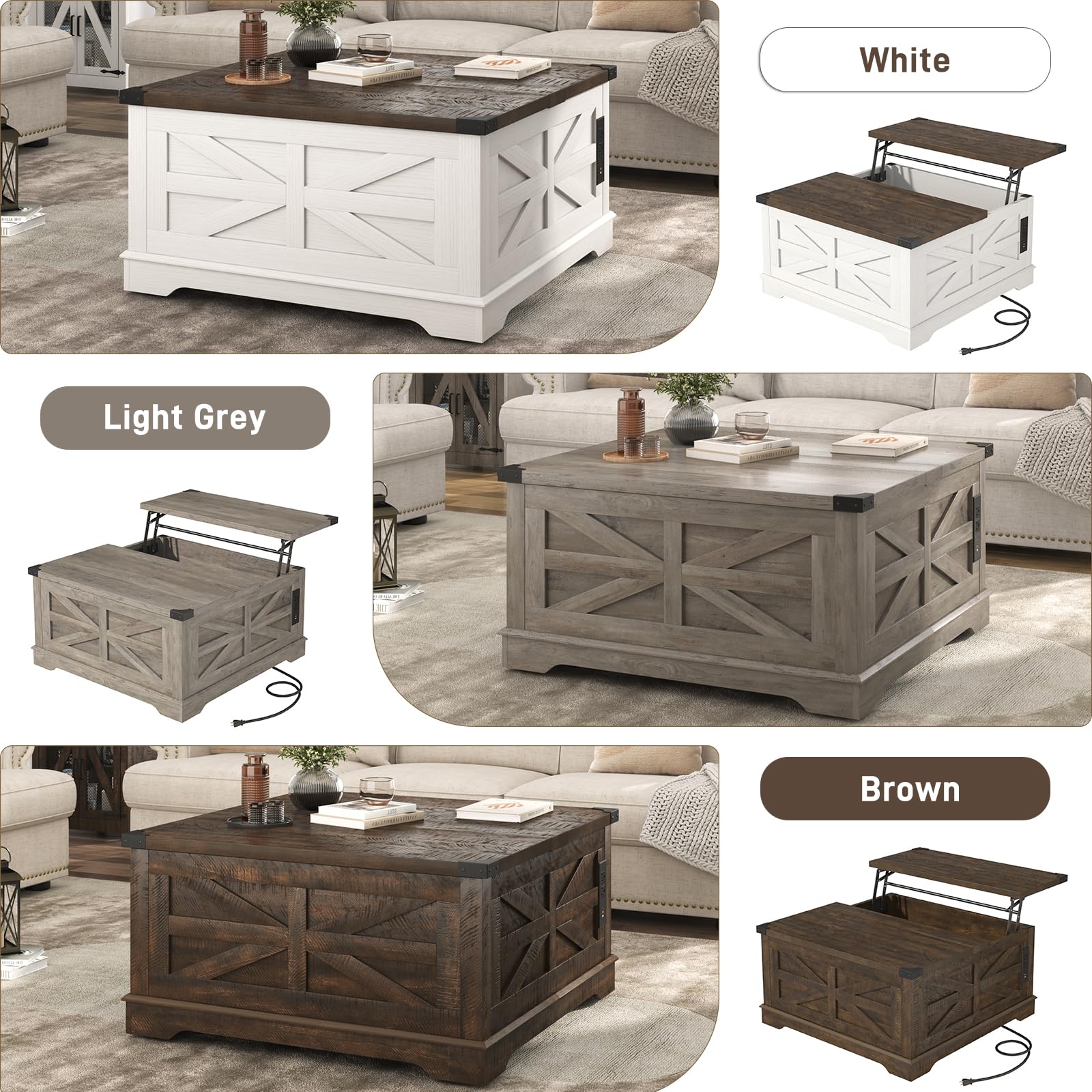 ANPOO 40" Large Farmhouse Lift Top Coffee Table with Storage & Power Outlets, Square Coffee Table w/Large Hidden Storage, Lift Wooden Barn Door Center Table for Home, Office,Rustic White