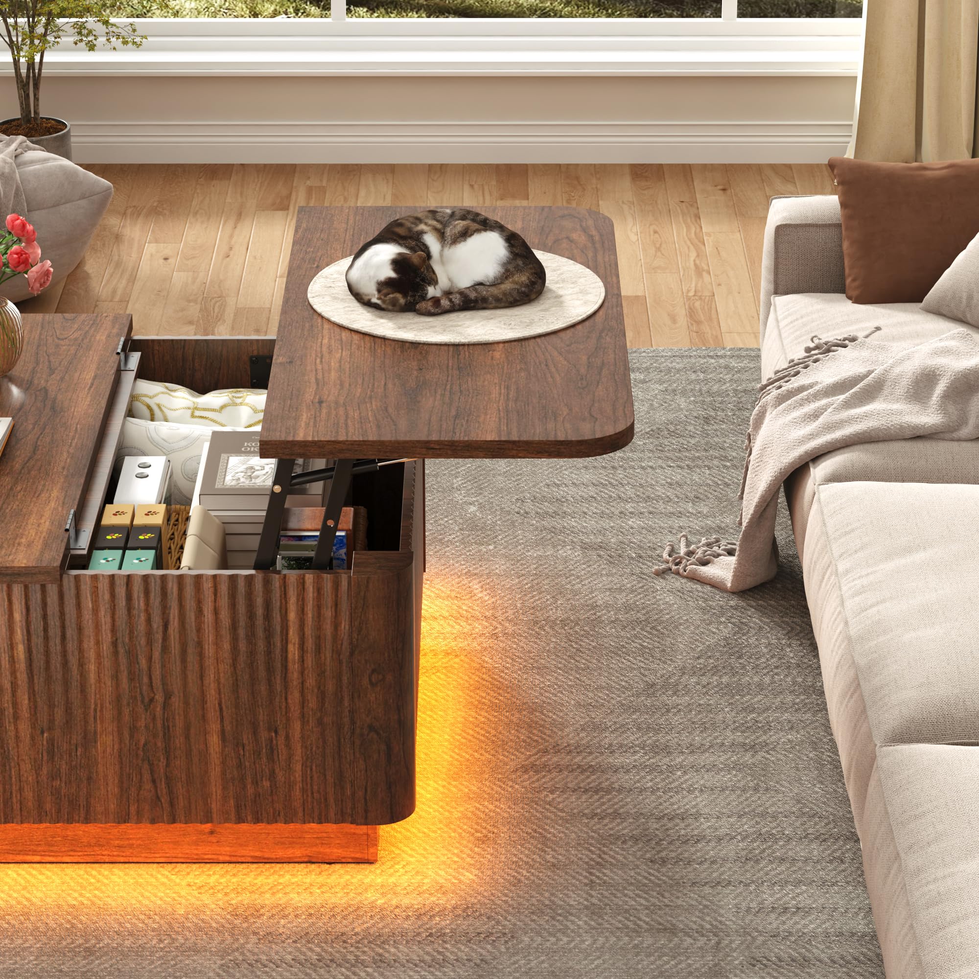 Blotout 35.4" Square Fluted Coffee Table with Lift Top and LED Lights, Wood Curved Design Center Table for Living Room, Modern Multi-Function Coffee Table with Large Hidden Space for Home,Office