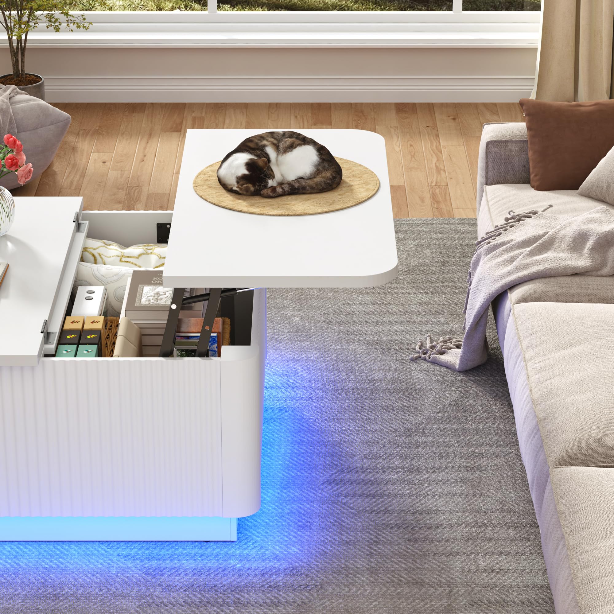 Blotout 35.4" Square Fluted Coffee Table with Lift Top and LED Lights, Wood Curved Design Center Table for Living Room, Modern Multi-Function Coffee Table with Large Hidden Space for Home,Office