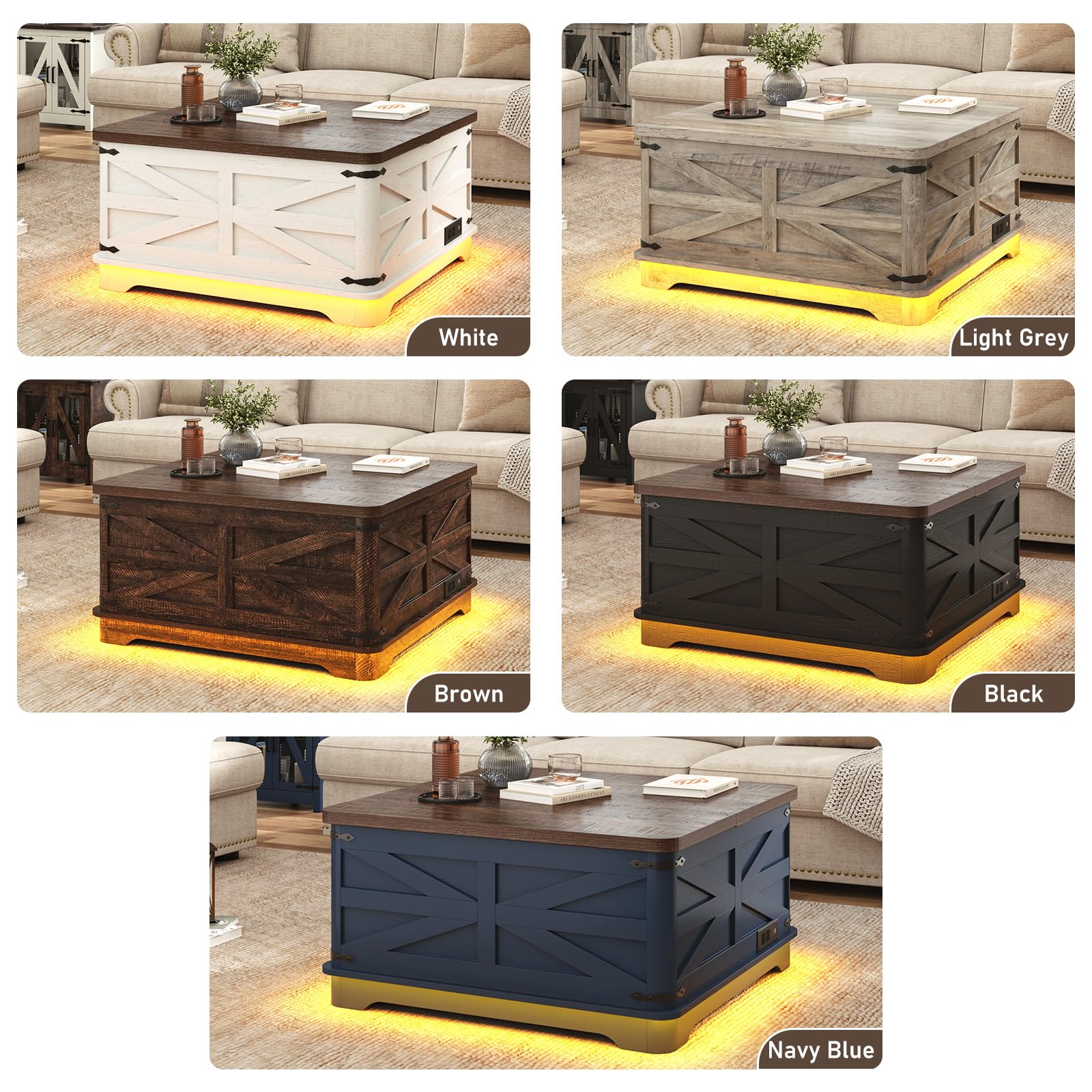 Blotout Farmhouse Lift Top Coffee Table with LED Light and Power Outlets, 36" Square Wood Living Room Storage Tables with Large Hidden Space, Lift Wooden Barn Door Center Table