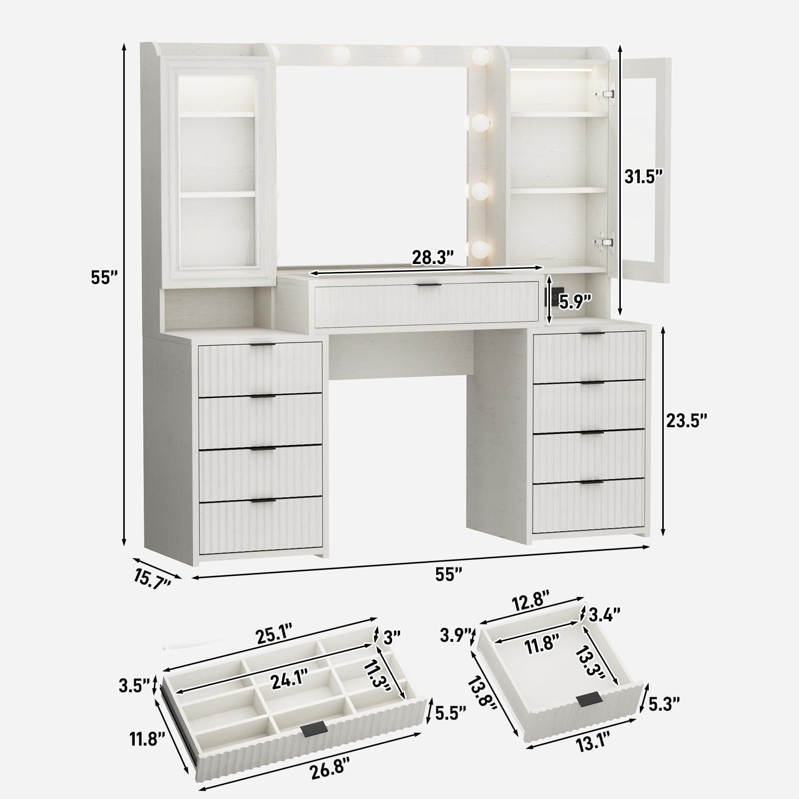 55" Large Vanity Desk with Mirror & Lights, Glass Top Vanity Desk with Charging Station & Compartment Storage Drawers, Fluted Makeup Vanity Table with 9 Drawers/6 Shelves/2 Glass Cabinets, Oak