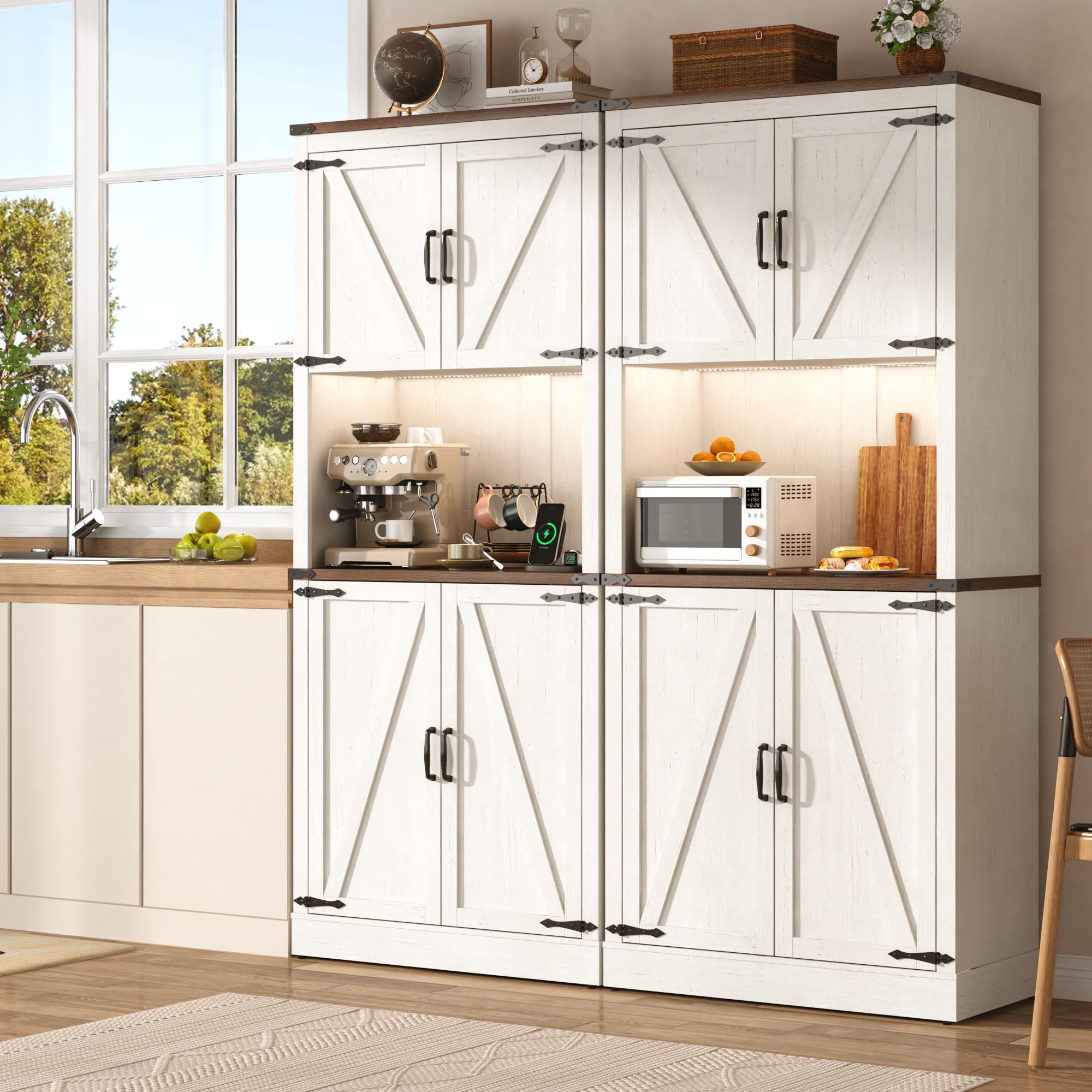 72" Tall Farmhouse Kitchen Pantry Cabinet with 10 Side Shelves and LED Light & Power Outlet, 5 Layers Pantry Storage Cabinet with Barn Doors&Load-Bearing Steel Pipe for Dining Room,Living Room