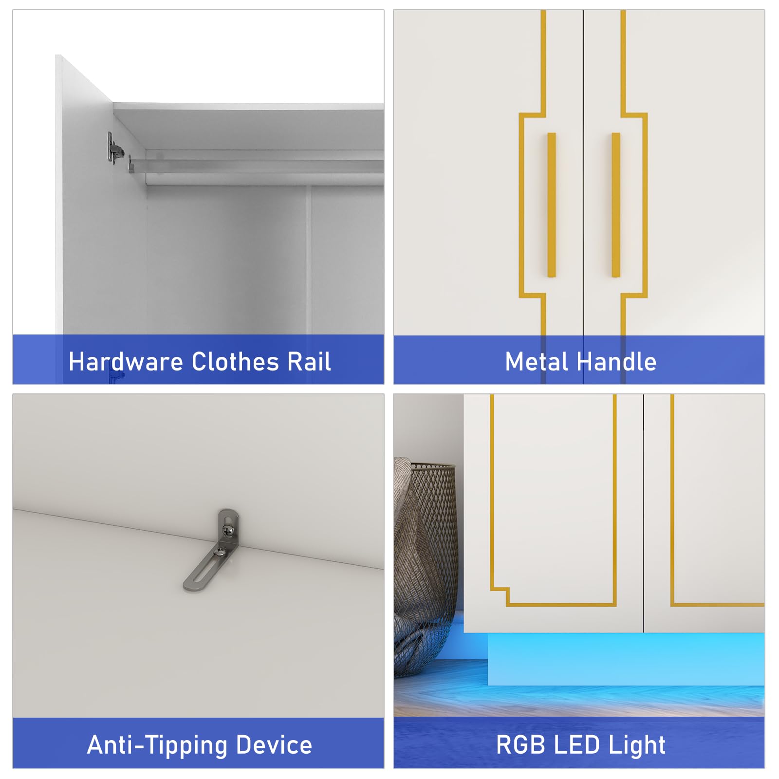 4 Door Wardrobe Armoire with LED Light, 70" Large Wooden Closet Storage with Hanging Rods & Multi-Layer Shelves for Large Bedroom