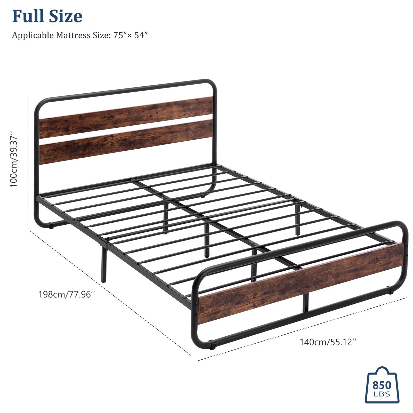Heavy Duty Metal Bed Frame with Wood Headboard & Footboard