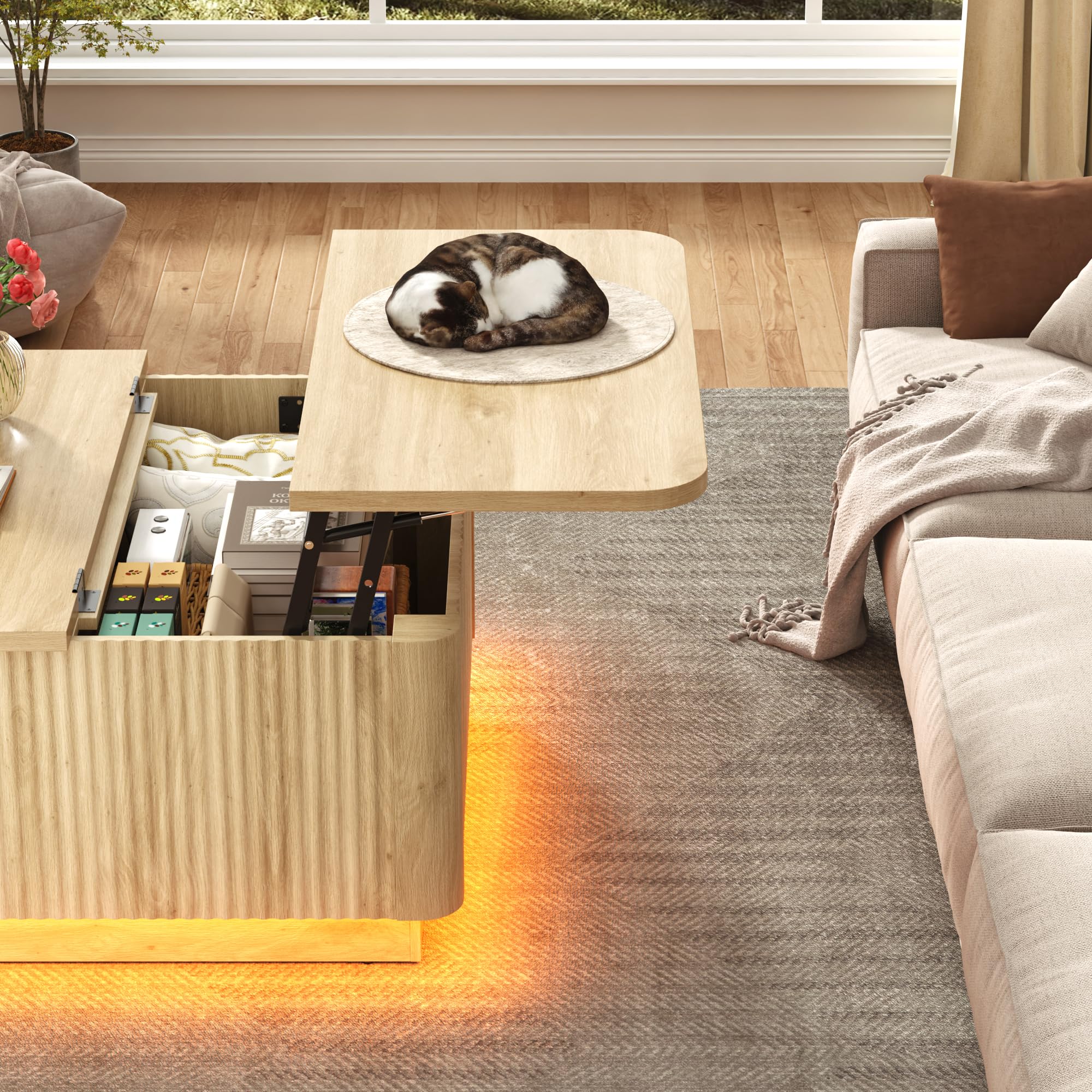 Blotout 35.4" Square Fluted Coffee Table with Lift Top and LED Lights, Wood Curved Design Center Table for Living Room, Modern Multi-Function Coffee Table with Large Hidden Space for Home,Office