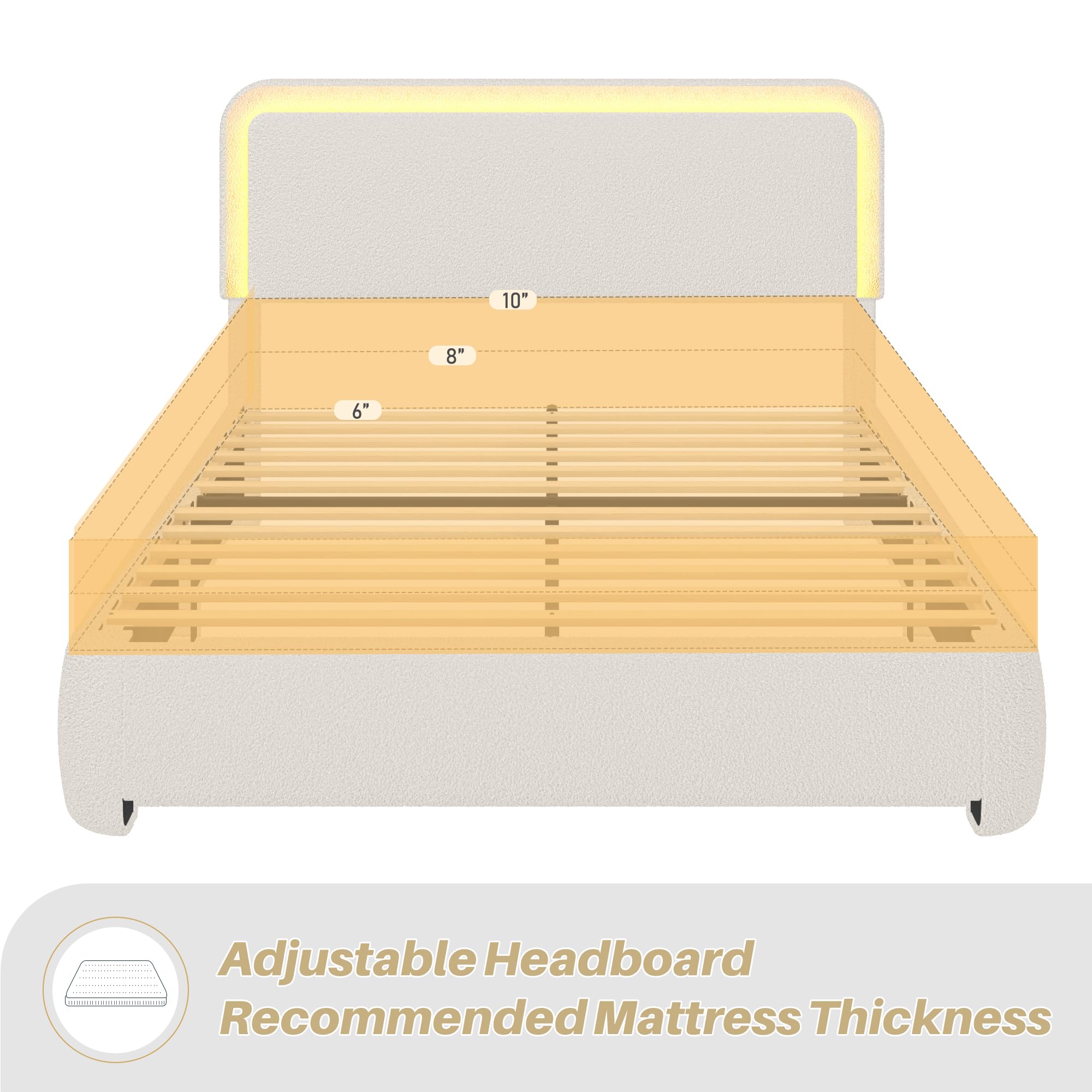 Boucle Bed Frame with LED Light & Adjustable Headboard, Upholstered Platform Bed with Soft Curved Corners