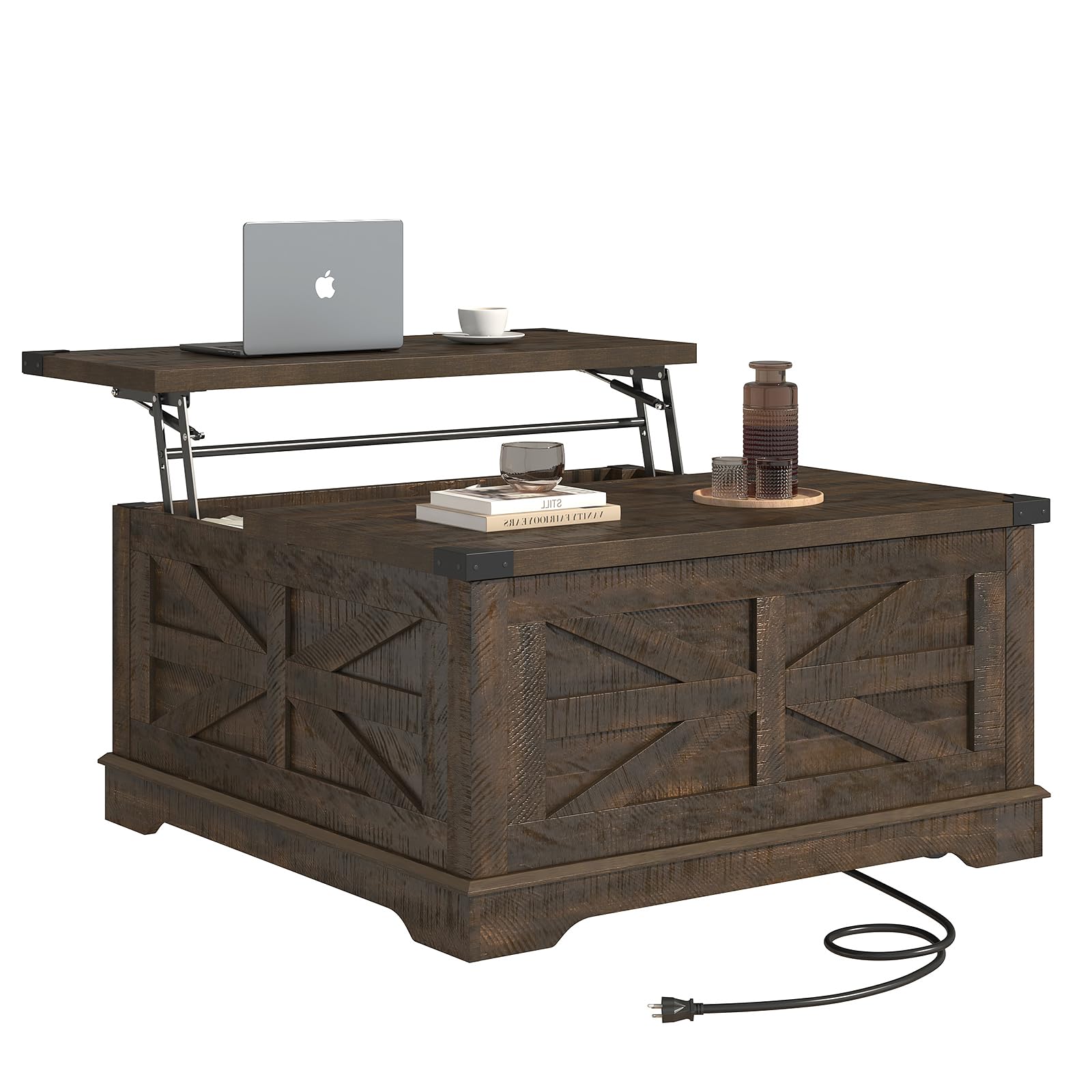 ANPOO 40" Large Farmhouse Lift Top Coffee Table with Storage & Power Outlets, Square Coffee Table w/Large Hidden Storage, Lift Wooden Barn Door Center Table for Home, Office,Rustic White