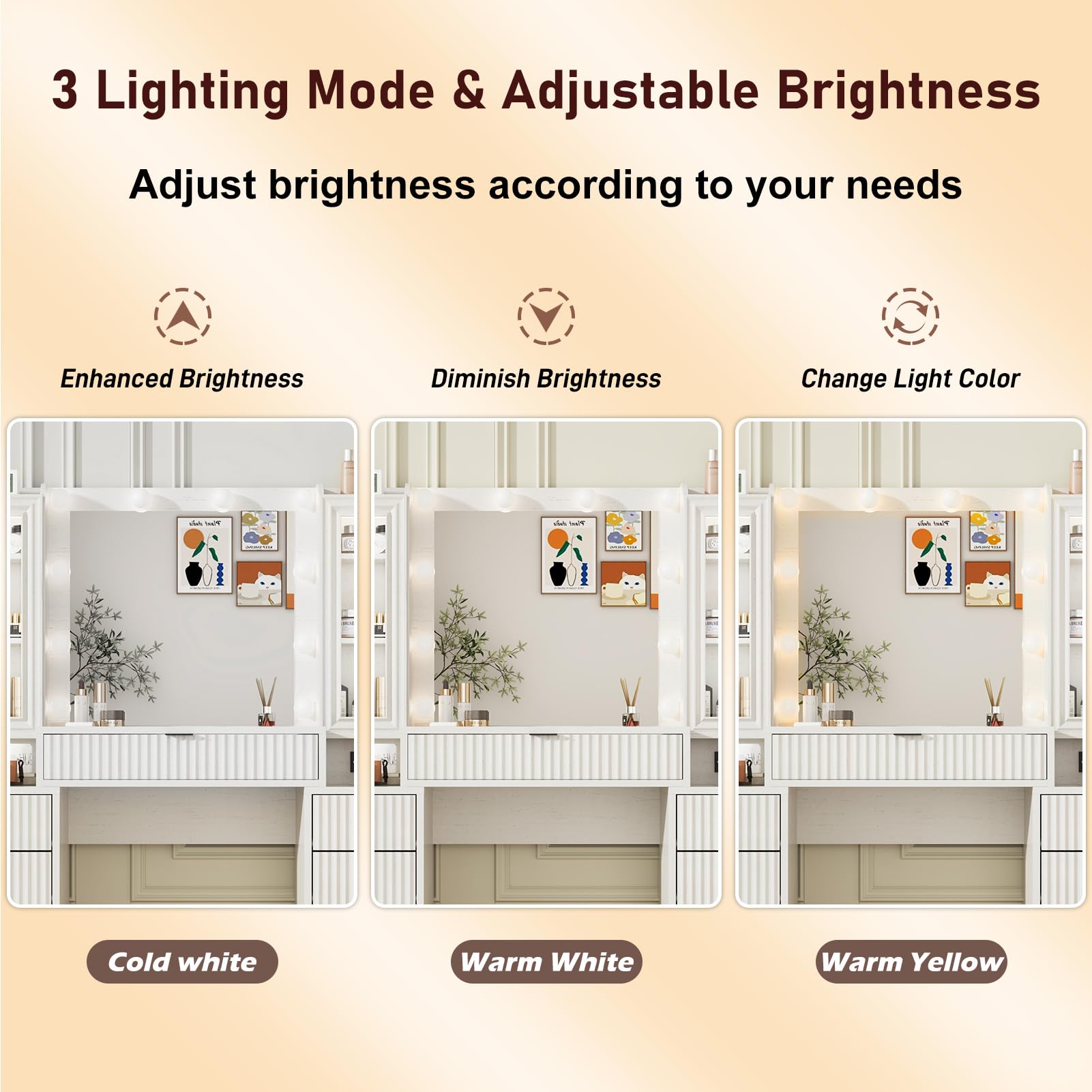 55" Large Vanity Desk with Mirror & Lights, Glass Top Vanity Desk with Charging Station & Compartment Storage Drawers, Fluted Makeup Vanity Table with 9 Drawers/6 Shelves/2 Glass Cabinets, Oak