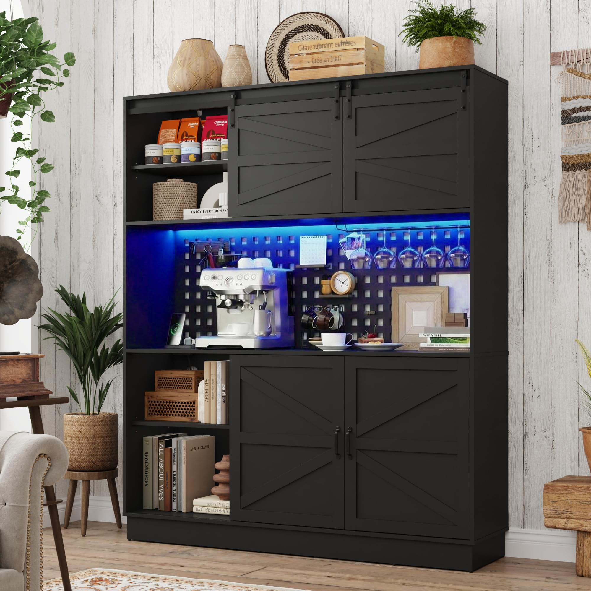 75"H 63"W Farmhouse Pantry Cabinet with Hutch & Power Outlet Pegboard