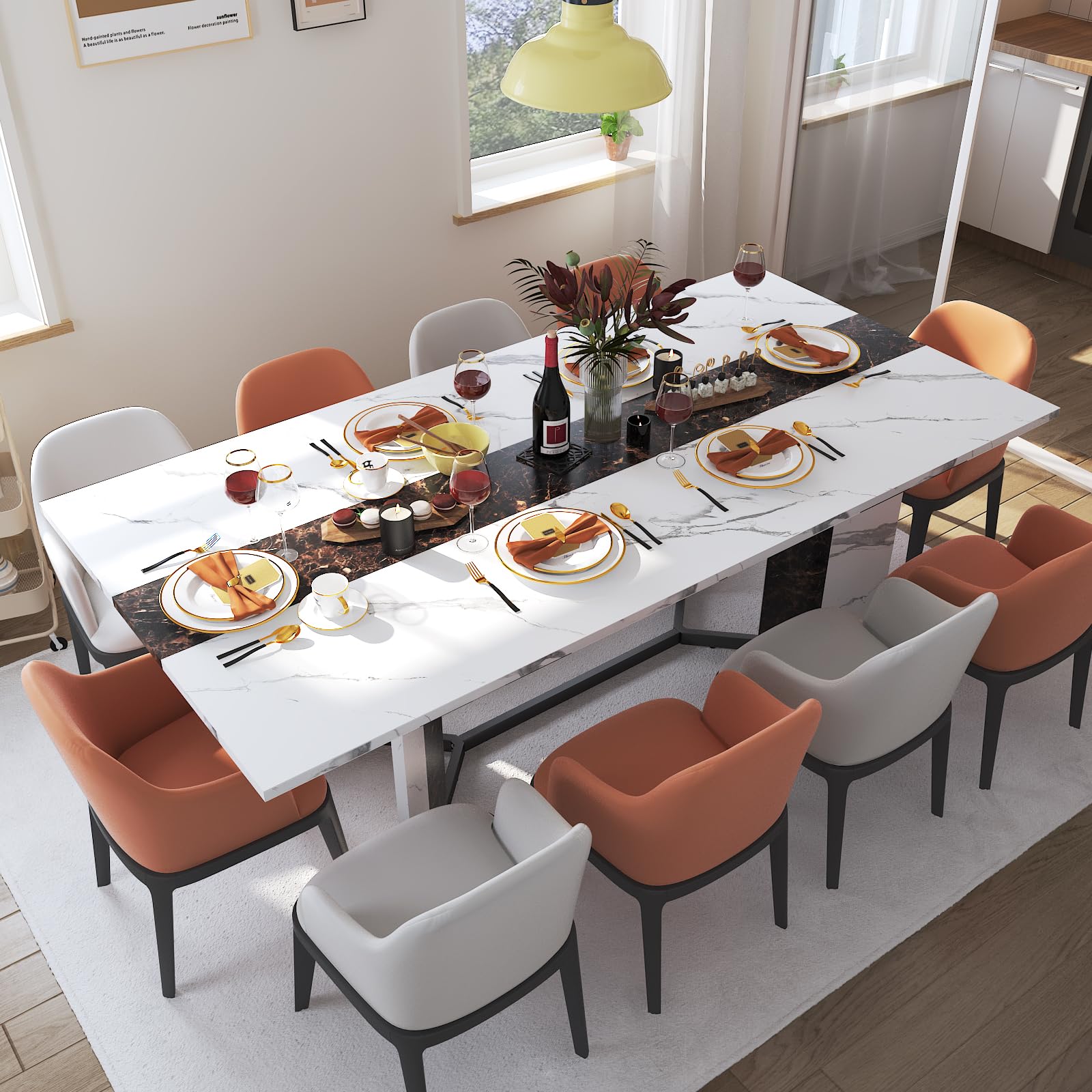 71" Large Dining Table for 6-10 People, Modern Luxurious Marble Family Rectangular Dinner Table