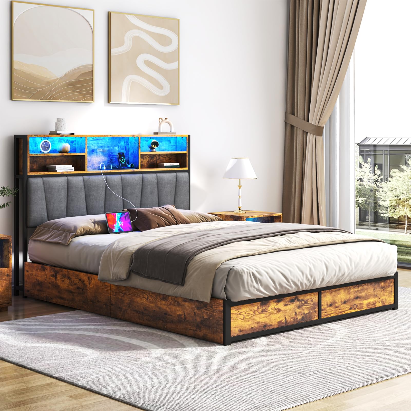 Queen LED Bed Frame with Lift Up Storage & Power Outlets - Metal Platform Bed with Upholstered Headboard, Storage Bed with 3-Tier Storage Headboard
