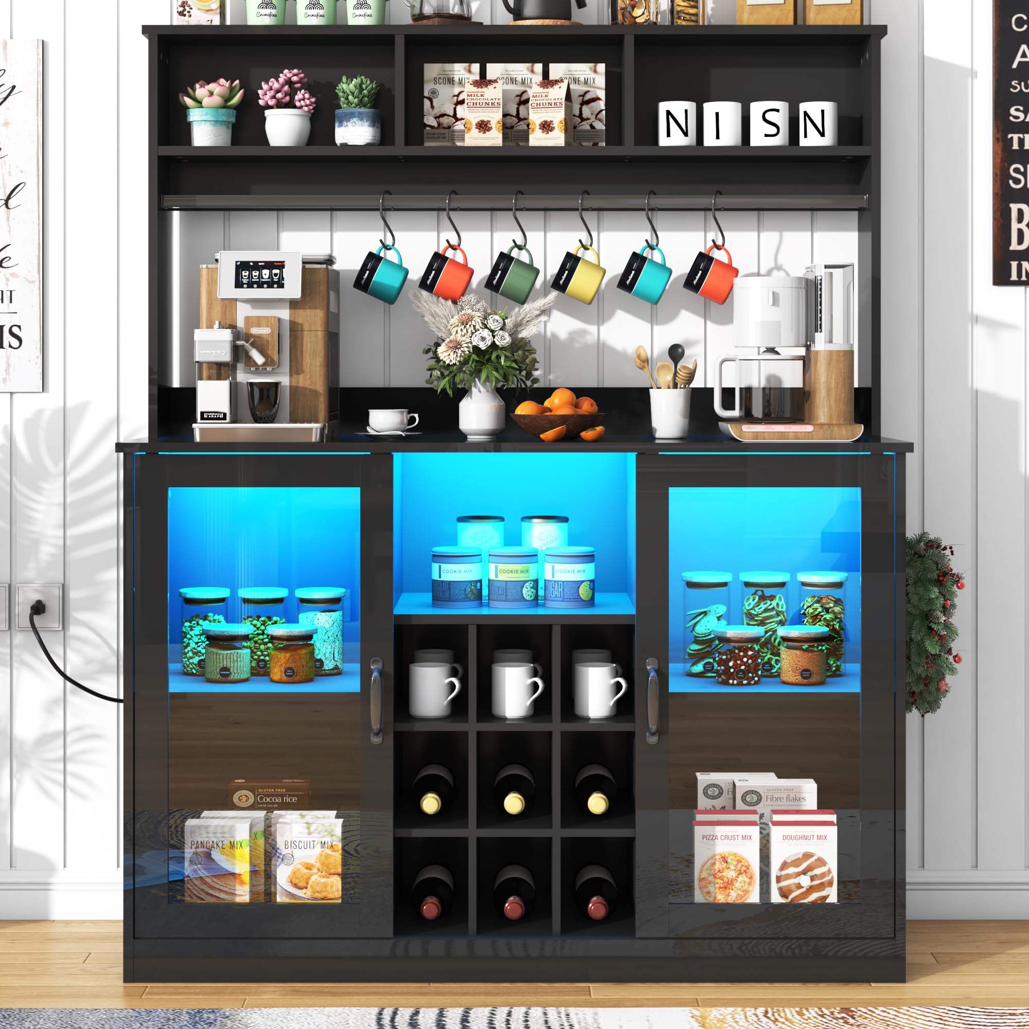 Blotout LED Kitchen Pantry Storage Cabinet with Power Outlet, 58" Tall Bar Cabinet with Lights, Adjustable Shelf, 9 Wine Racks, 6 Hooks , Morden Glass Door Cabinet with Storage, Black