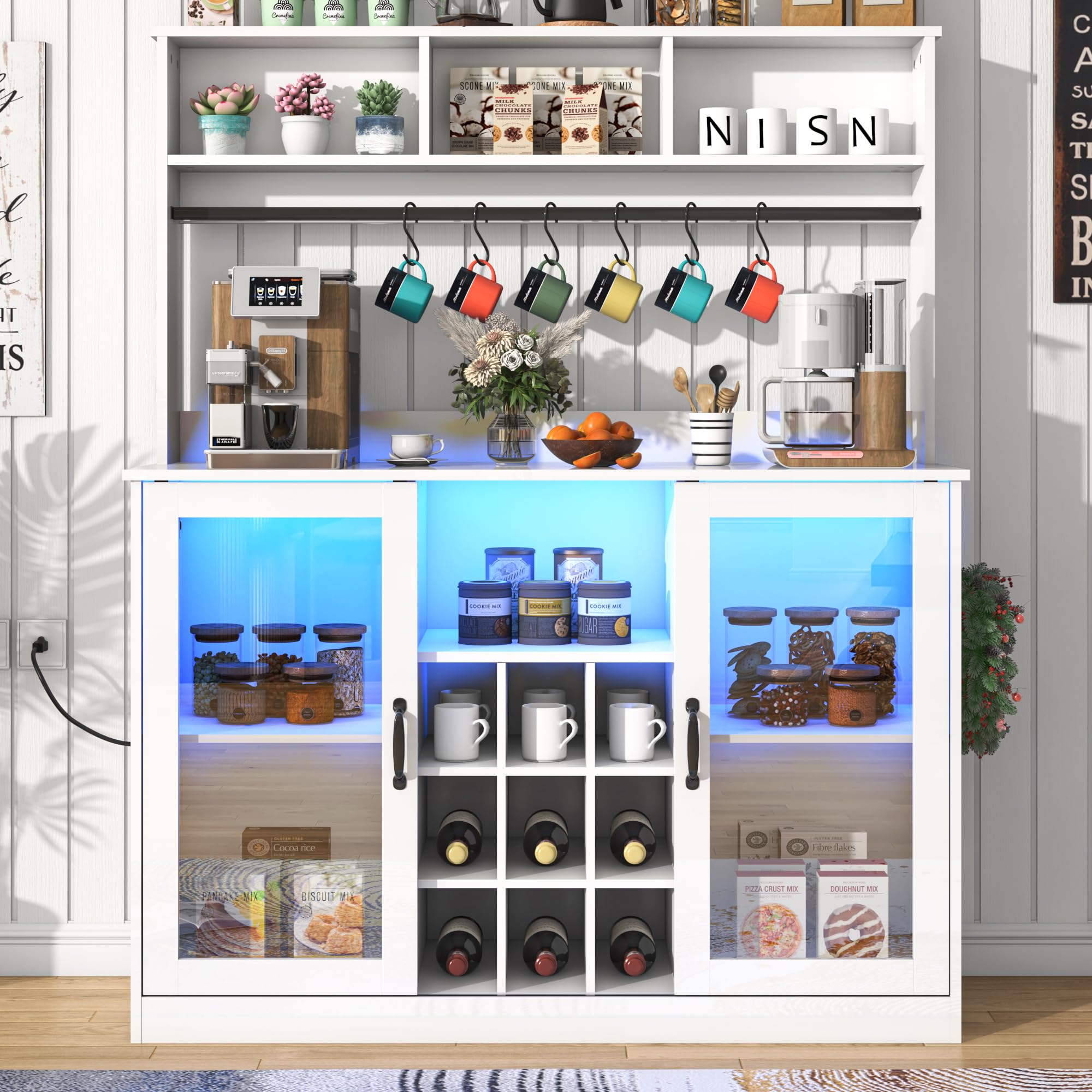 Blotout LED Kitchen Pantry Storage Cabinet with Power Outlet, 58" Tall Bar Cabinet with Lights, Adjustable Shelf, 9 Wine Racks, 6 Hooks , Morden Glass Door Cabinet with Storage, Black