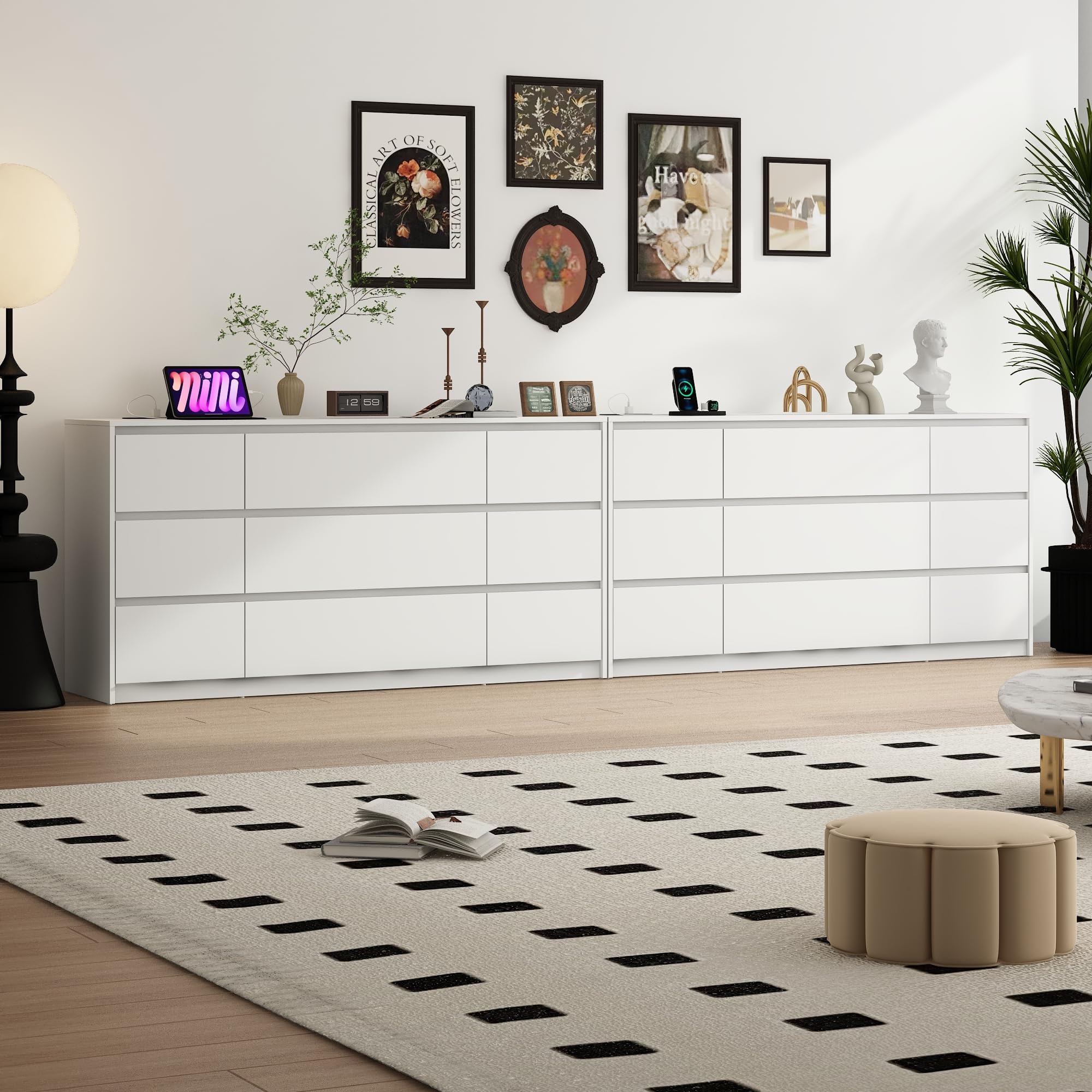 Blotout Modern Black 9 Dresser for Bedroom with Charging Station, 63" Large Wood Chest of 9 Drawers Handle Free, Long Dresser Drawers for Bedroom, Living Room, Entryway, Hallway