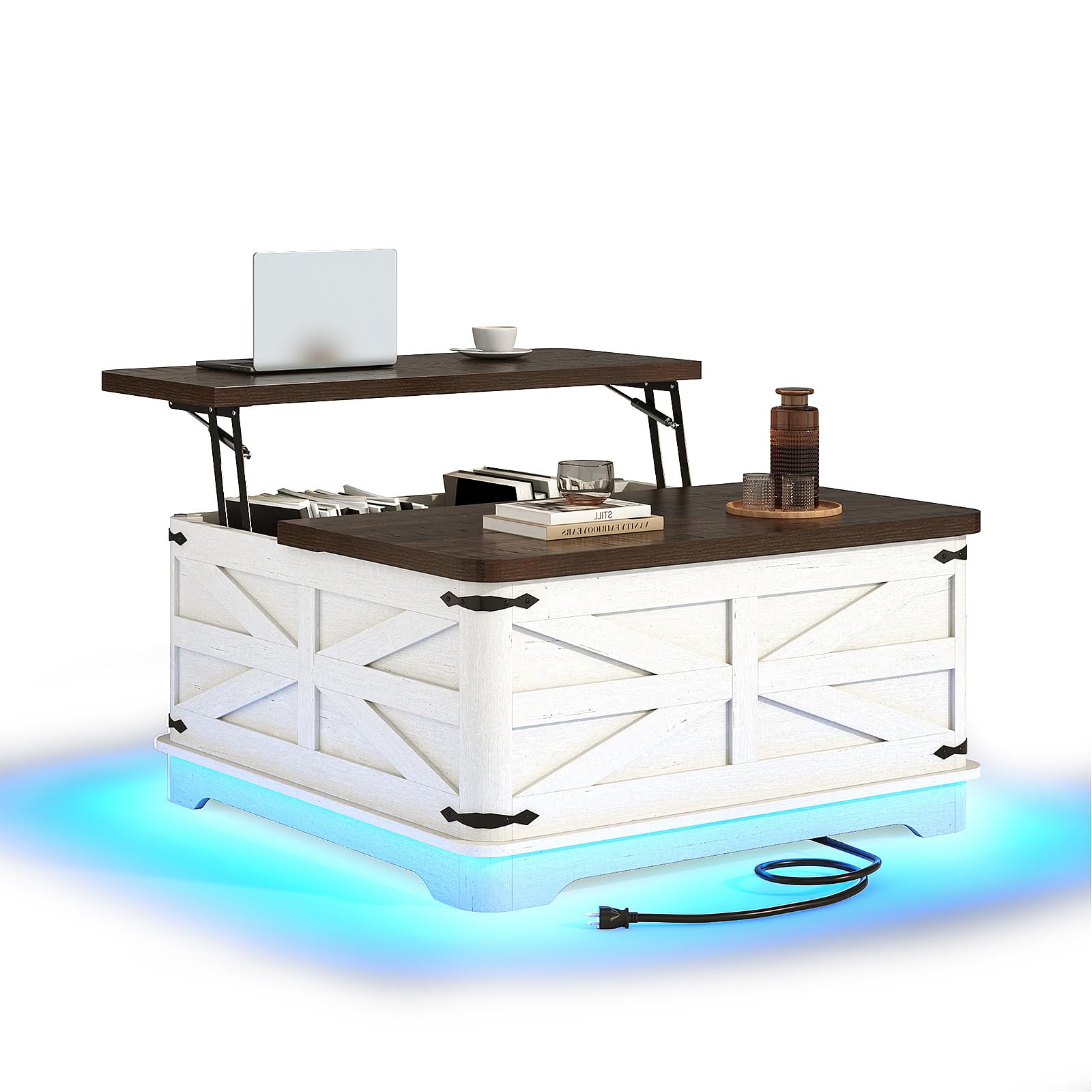 Blotout Farmhouse Lift Top Coffee Table with LED Light and Power Outlets, 36" Square Wood Living Room Storage Tables with Large Hidden Space, Lift Wooden Barn Door Center Table