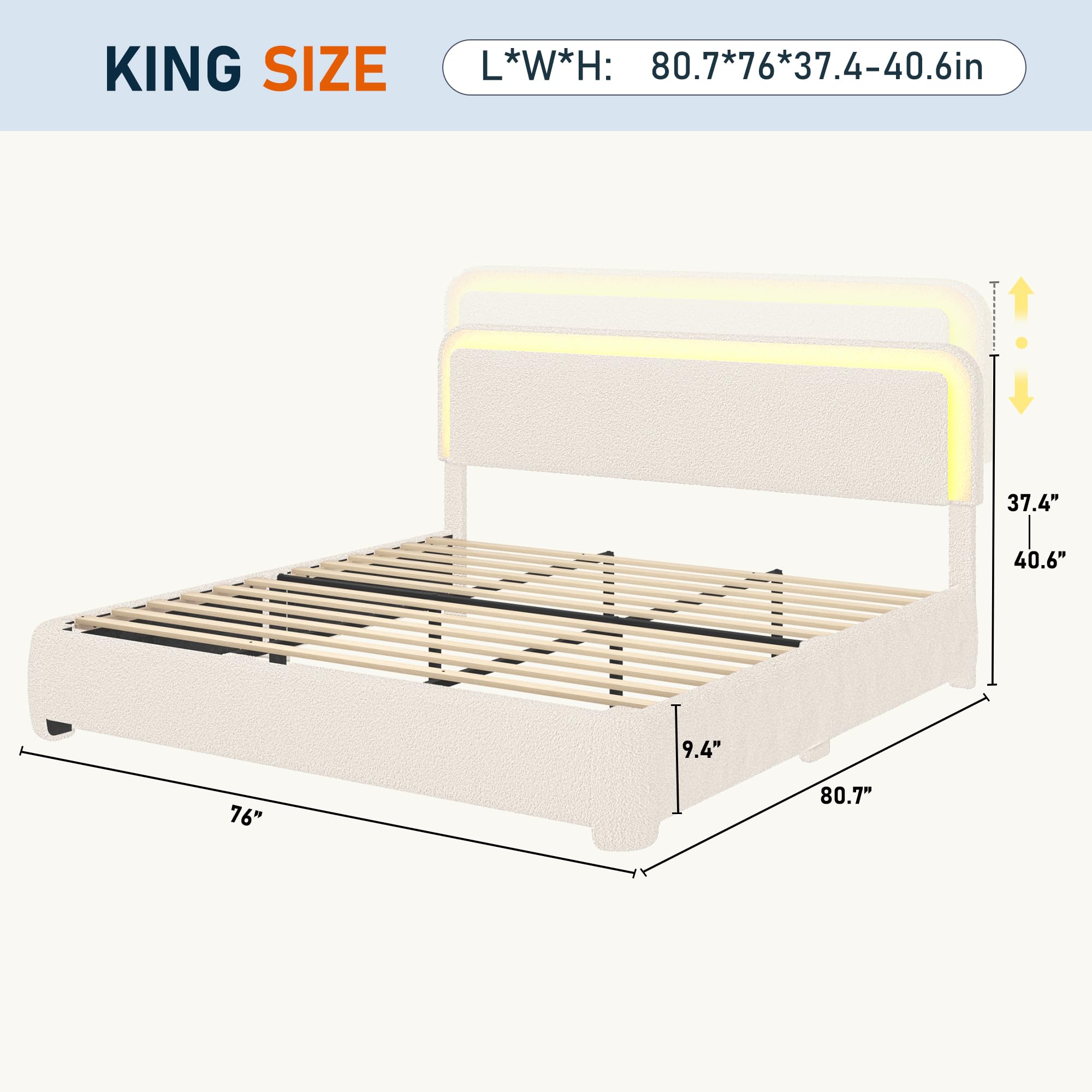Boucle Bed Frame with LED Light & Adjustable Headboard, Upholstered Platform Bed with Soft Curved Corners