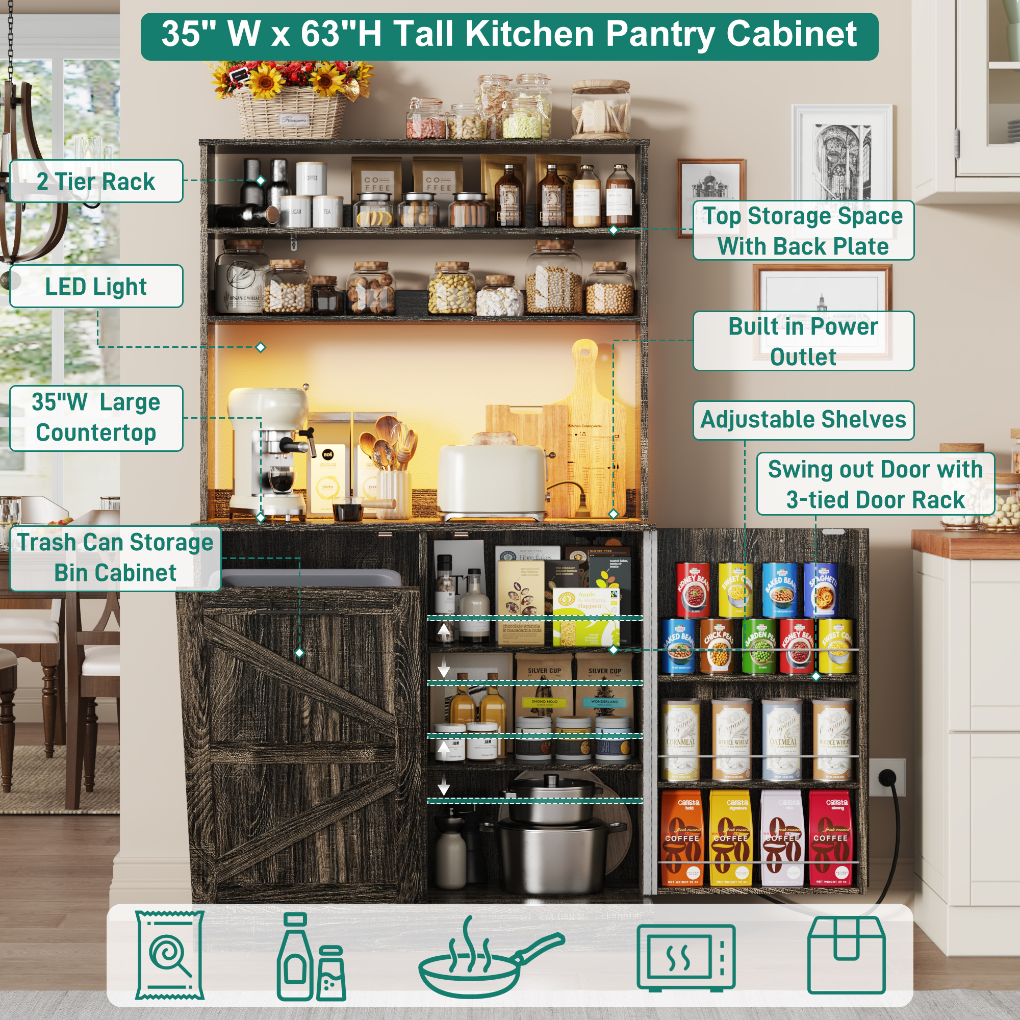 Farmhouse Kitchen Bakers Rack with 10 Gallon Tilt Out Trash Can Cabinet, Pantry Cabinet with LED Light, Power Outlet, Storage Shelf, 6-Tiers Tall Coffee Bar with Hutch for Kitchen Living Room