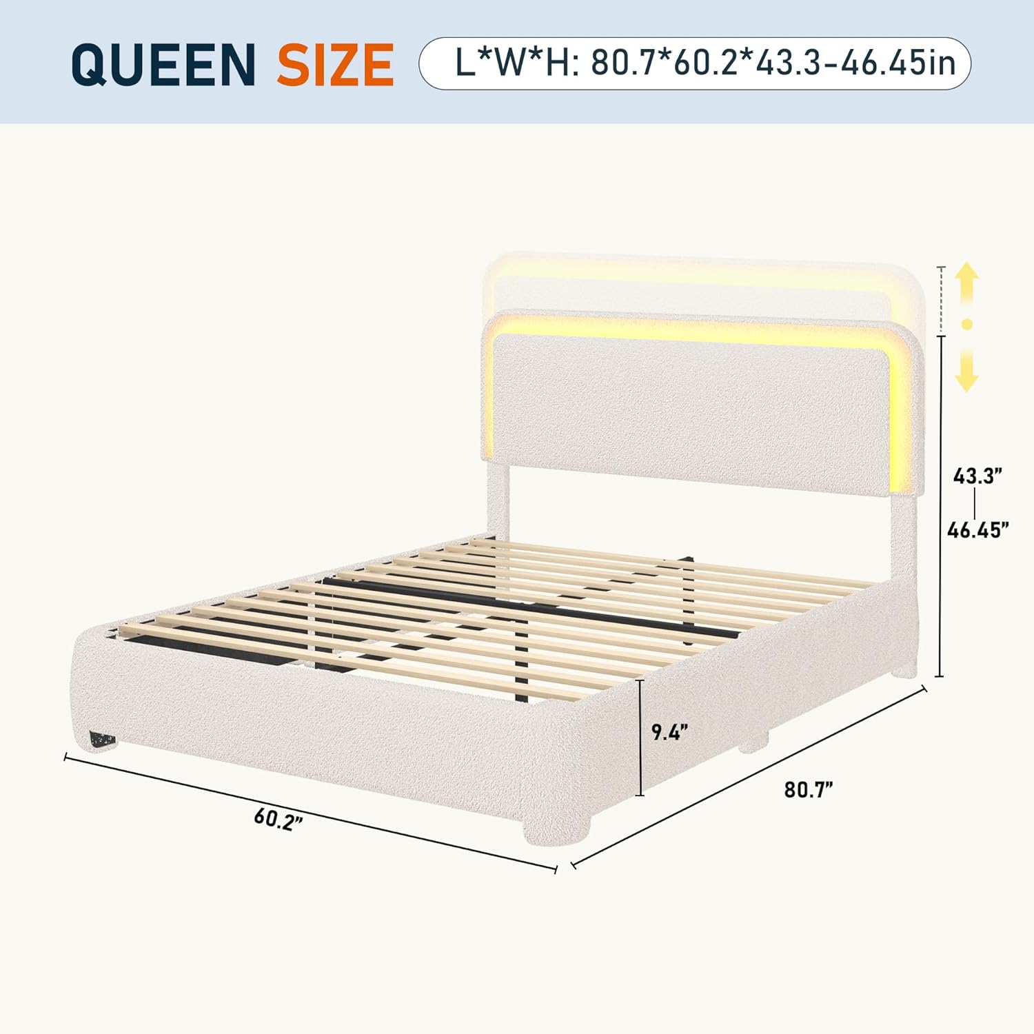 Boucle Bed Frame with LED Light & Adjustable Headboard, Upholstered Platform Bed with Soft Curved Corners