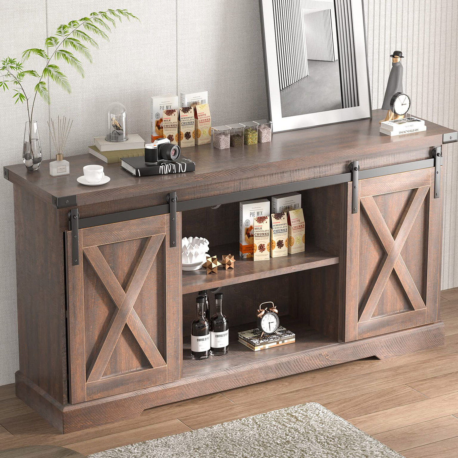 Blotout 58" Farmhouse Coffee Bar Cabinet with Barn Door & Removeable Shelves