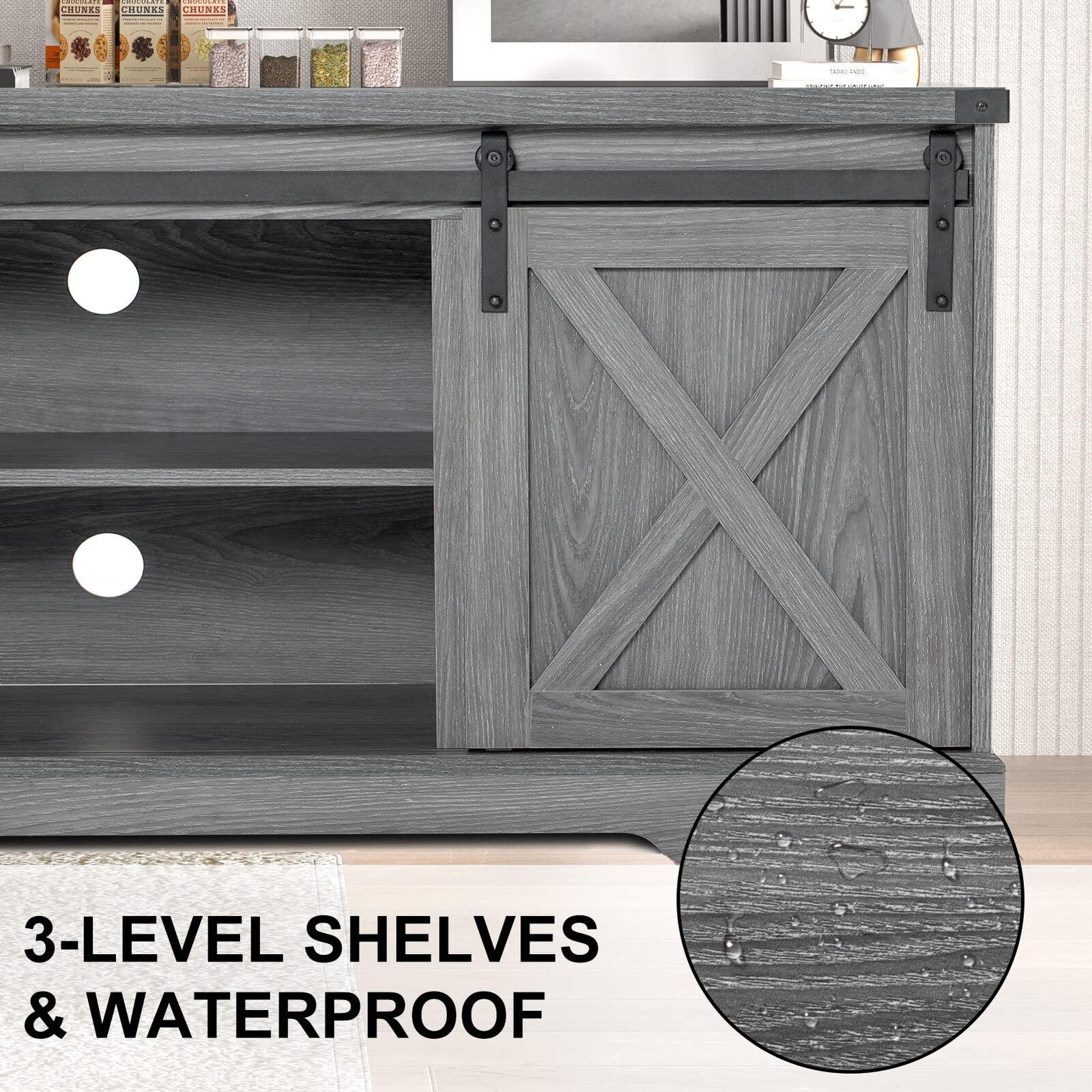 Blotout 58" Farmhouse Coffee Bar Cabinet with Barn Door & Removeable Shelves