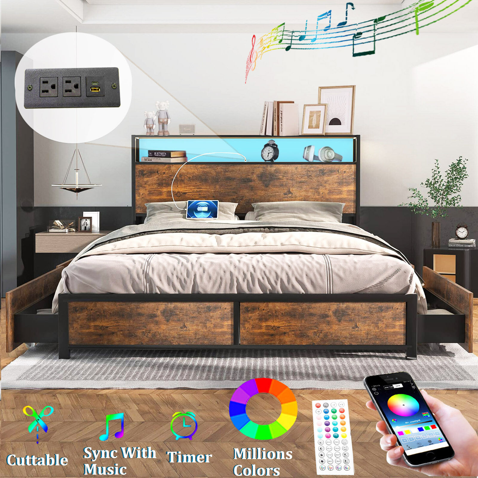 Blotout Full Bed Frame with 3 USB Ports & Led Lights, Platform Metal Bed Frame with 4 Storage Drawers and Headboard, No Box Spring Needed, Easy Assembly, Noise-Free,Vintage Brown