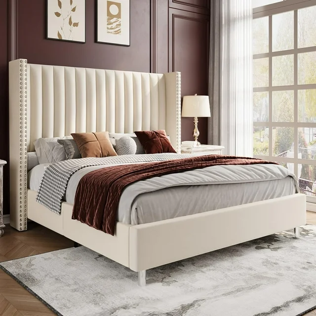 Blotout LED Velvet Bed Frame with Tall Wingback Headboard + Storage Drawers + Power Outlet USB Charging