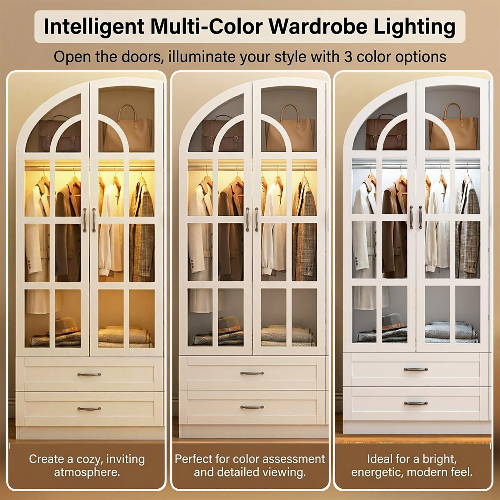 3-Door Arched Armoire Wardrobe with LED Light & Glass Doors
