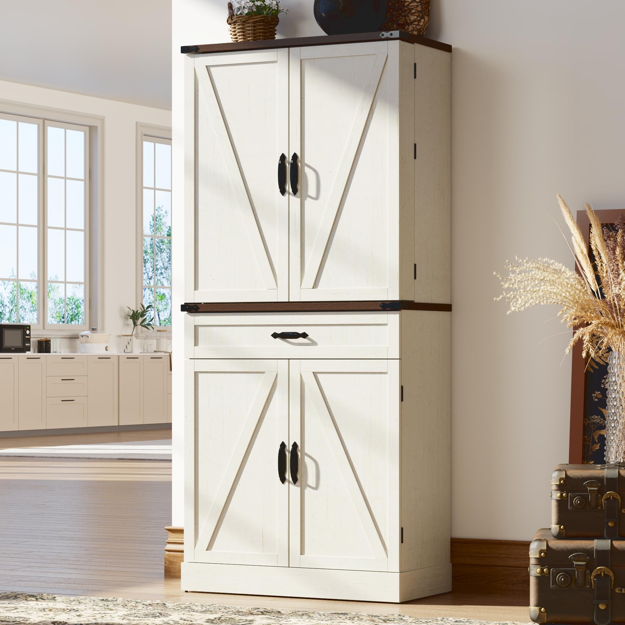 71" Tall Farmhouse Kitchen Pantry with 12 Side Shelves, 5 Layers Pantry Storage Cabinet w/Load-Bearing Steel Pipe & 4 Barn Doors/Adjustable Shelves for Kitchen, Dining Room, Living Room, Brown