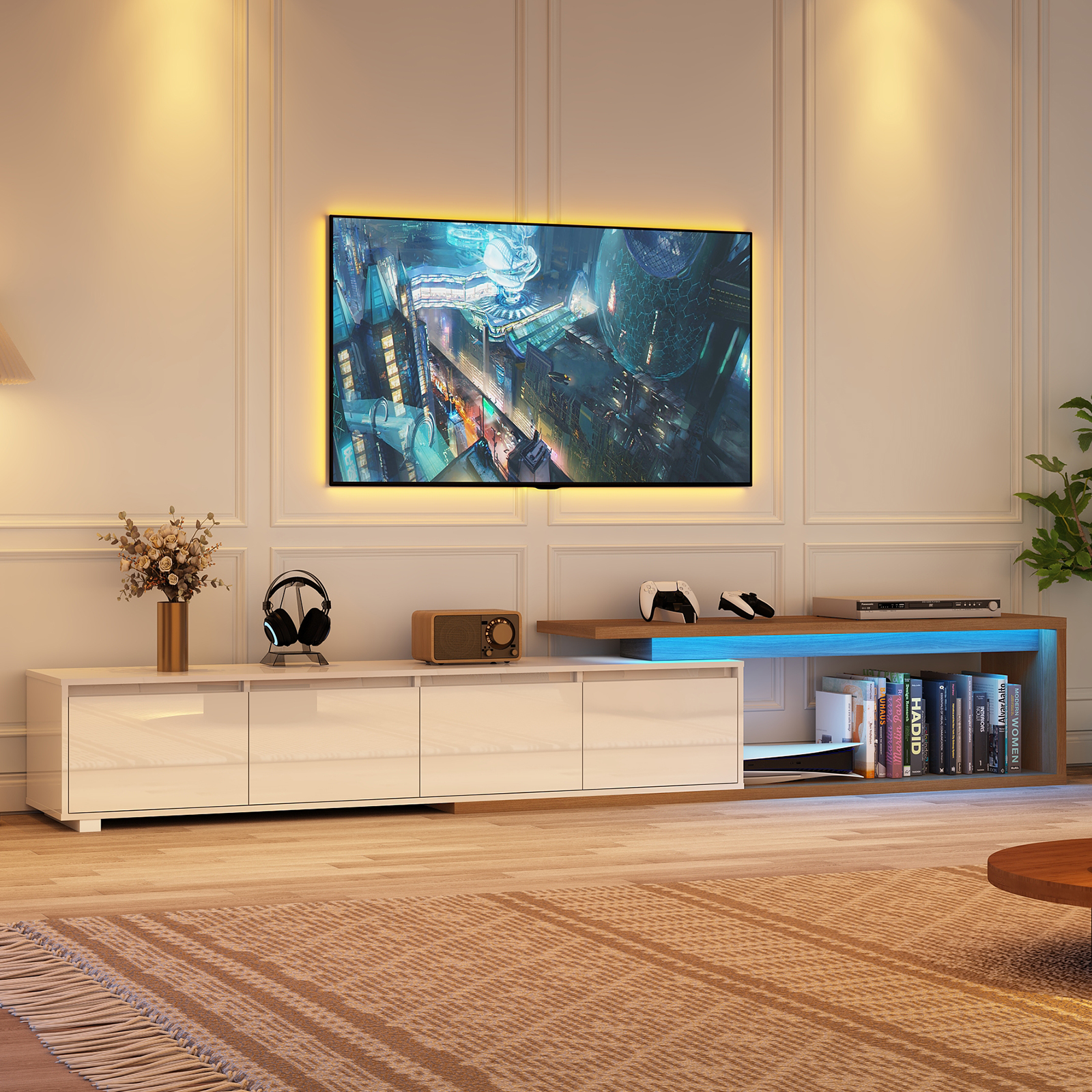 ANPOO Extendable TV Stand Cabinet with Drawers & LED Light, High Gloss Modern Minimalist Entertainment Center for Up to 120" TV, Reversible Extra Long TV Media Console