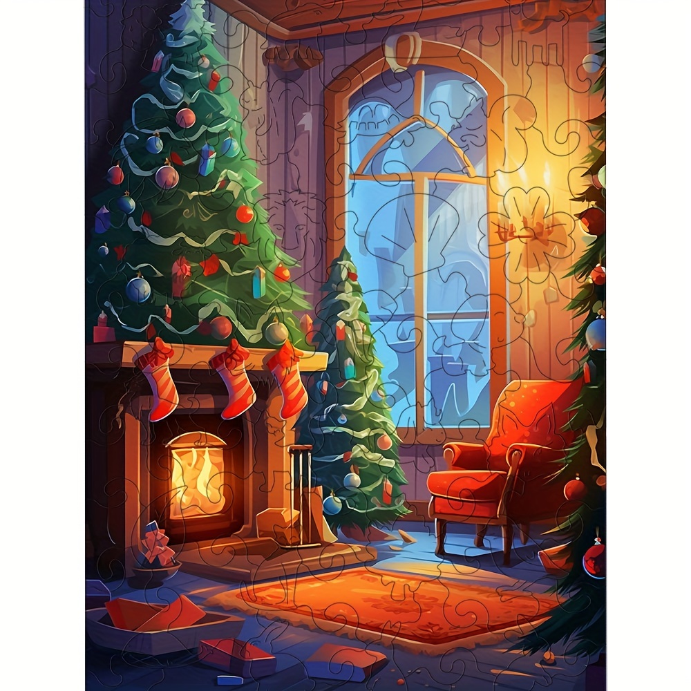 Fireplace Socks Christmas Tree - Wooden Jigsaw Puzzles