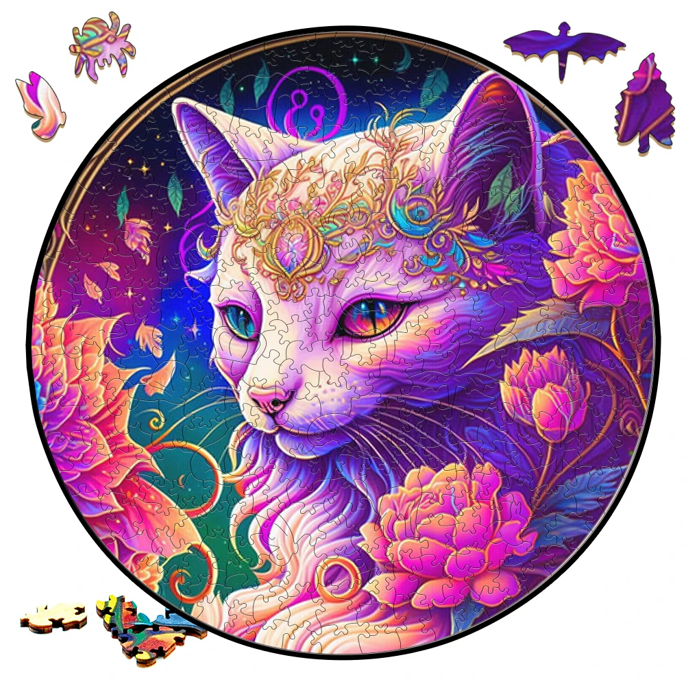 Beautiful Cat Round Shaped - Wooden Jigsaw Puzzle