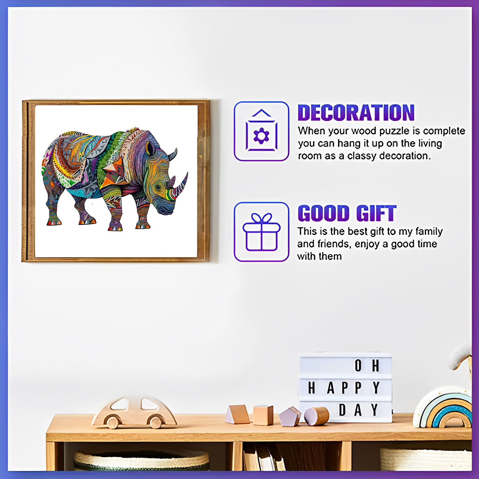 Original Colorful Rhinoceros - Wooden Jigsaw Puzzle