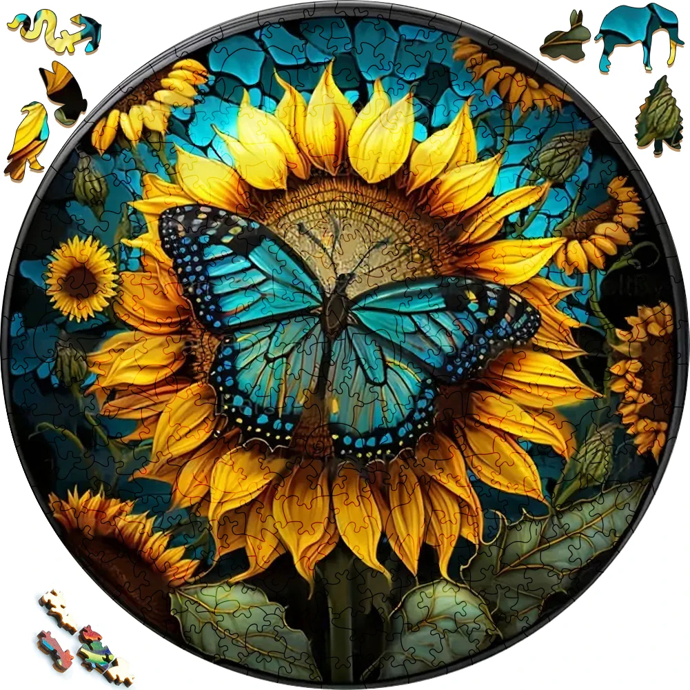 Beautiful Teal Butterfly on Yellow Sunflower - Wooden Jigsaw Puzzle