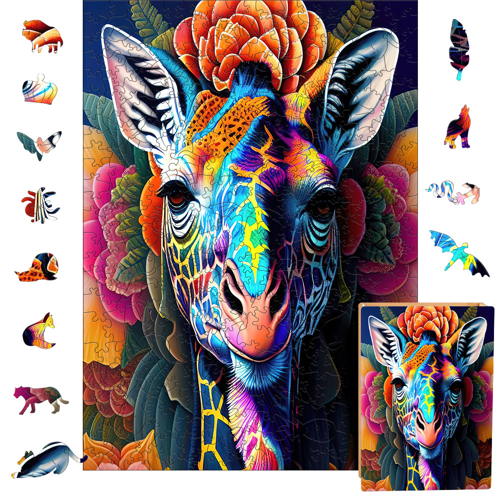 Rainbow Mandala Giraffe - Wooden Jigsaw Puzzle