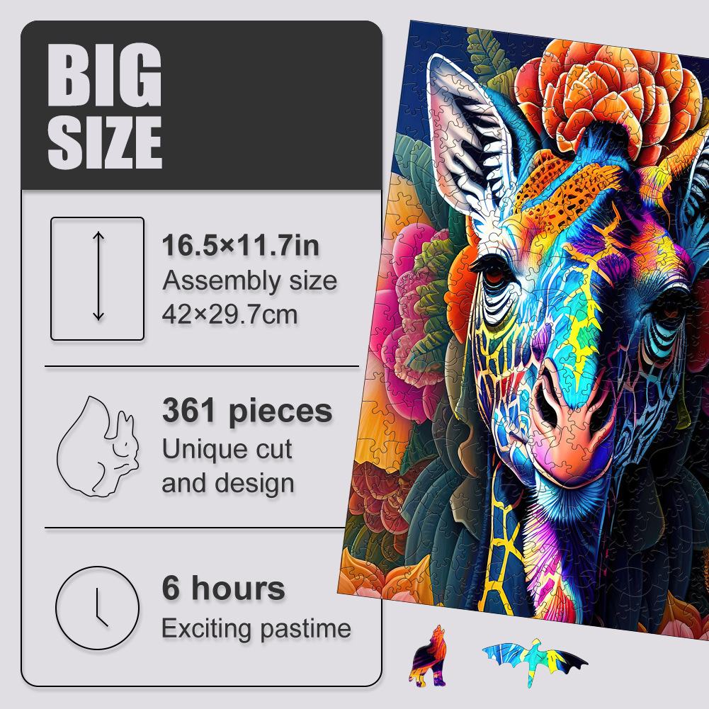 Rainbow Mandala Giraffe - Wooden Jigsaw Puzzle