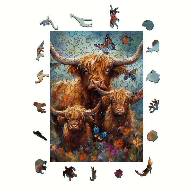 Rubbyoo Highland cow with butterflies - Wooden Jigsaw Puzzle 