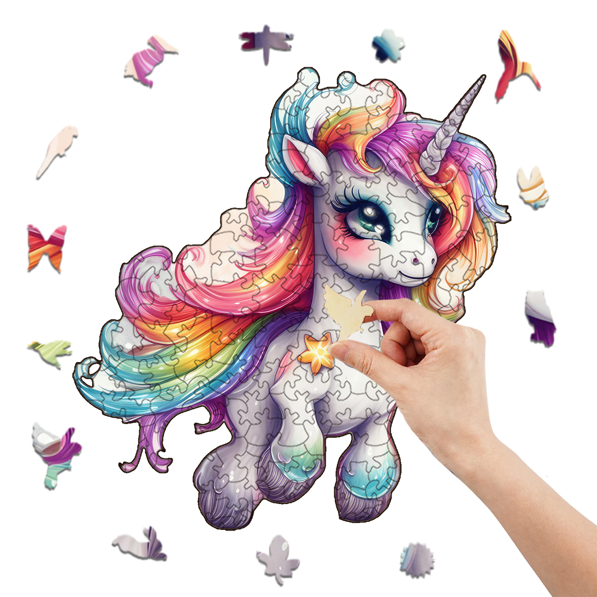 Rubbyoo Cute Unicorn With A Rainbow Mane - Wooden Jigsaw Puzzle