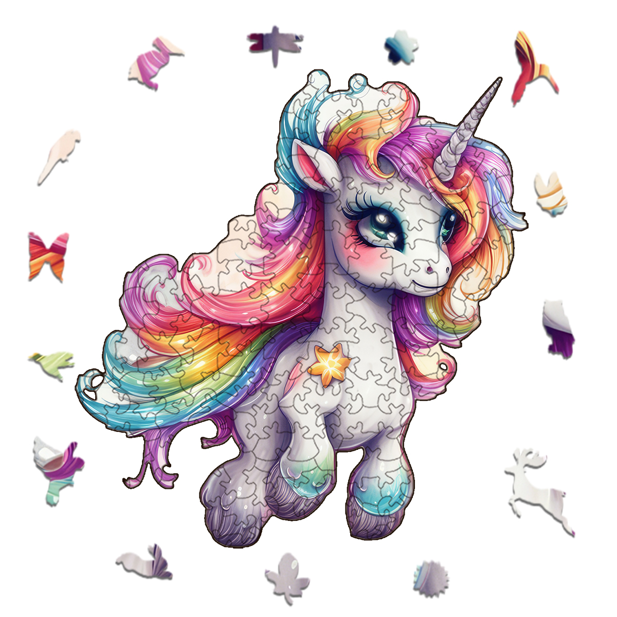 Rubbyoo Cute Unicorn With A Rainbow Mane - Wooden Jigsaw Puzzle