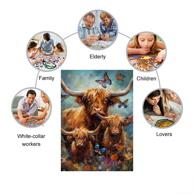 Rubbyoo Highland cow with butterflies - Wooden Jigsaw Puzzle 