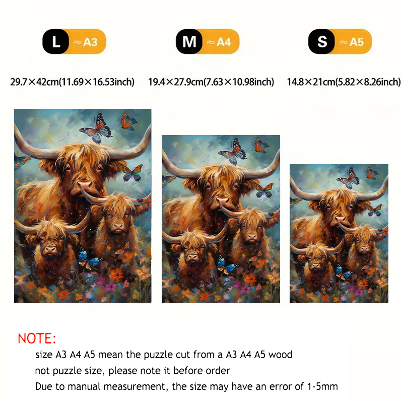 Rubbyoo Highland cow with butterflies - Wooden Jigsaw Puzzle 