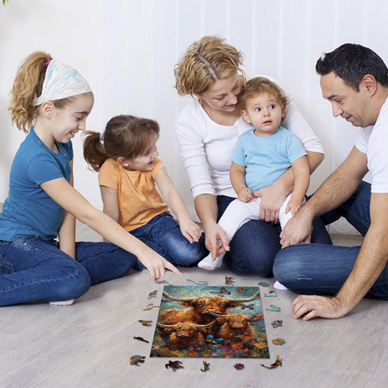 Rubbyoo Highland cow with butterflies - Wooden Jigsaw Puzzle 